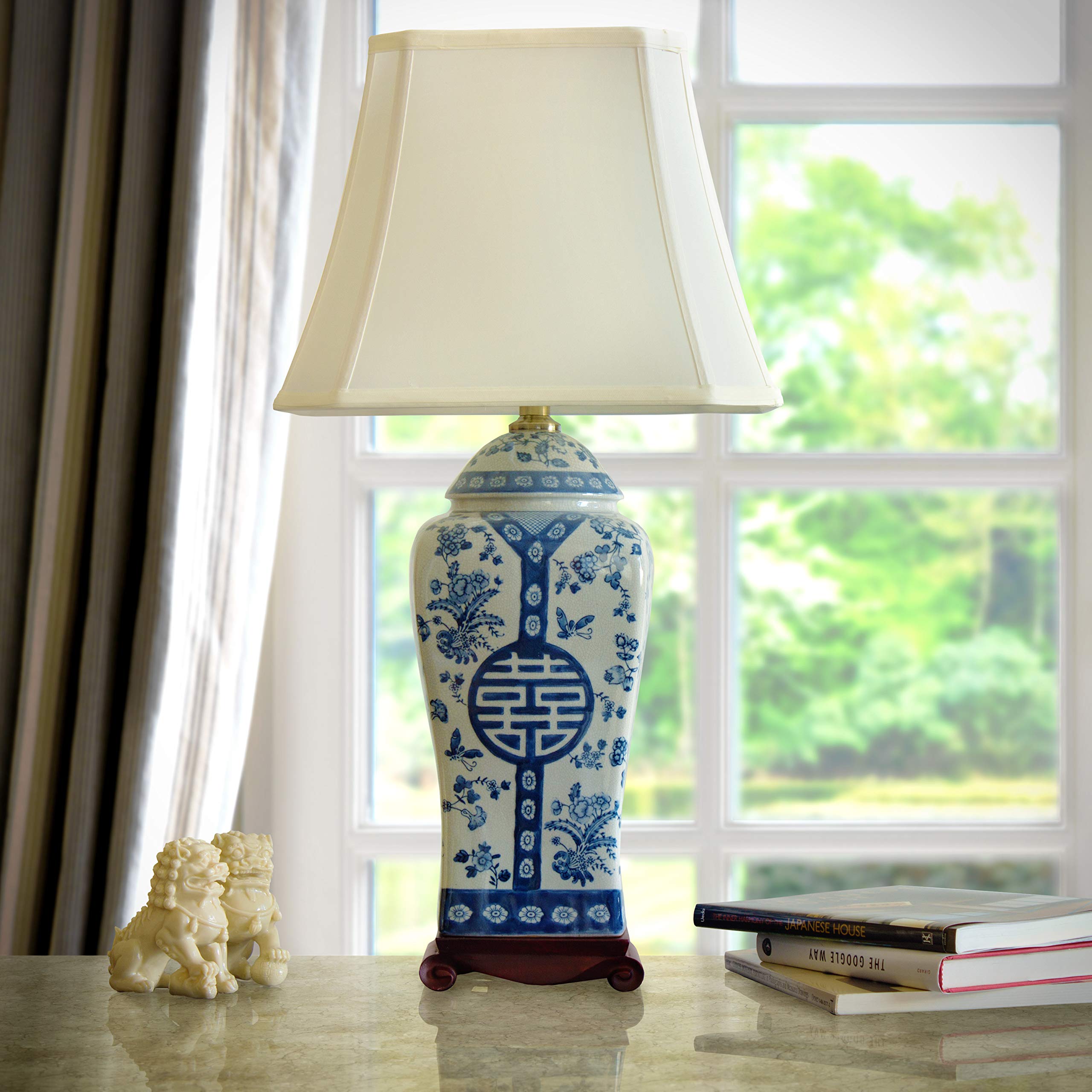 Red Lantern Vase Lamp, 26in Floral Blue & White, Wood and Porcelain, Model LMP-JCO-X2890