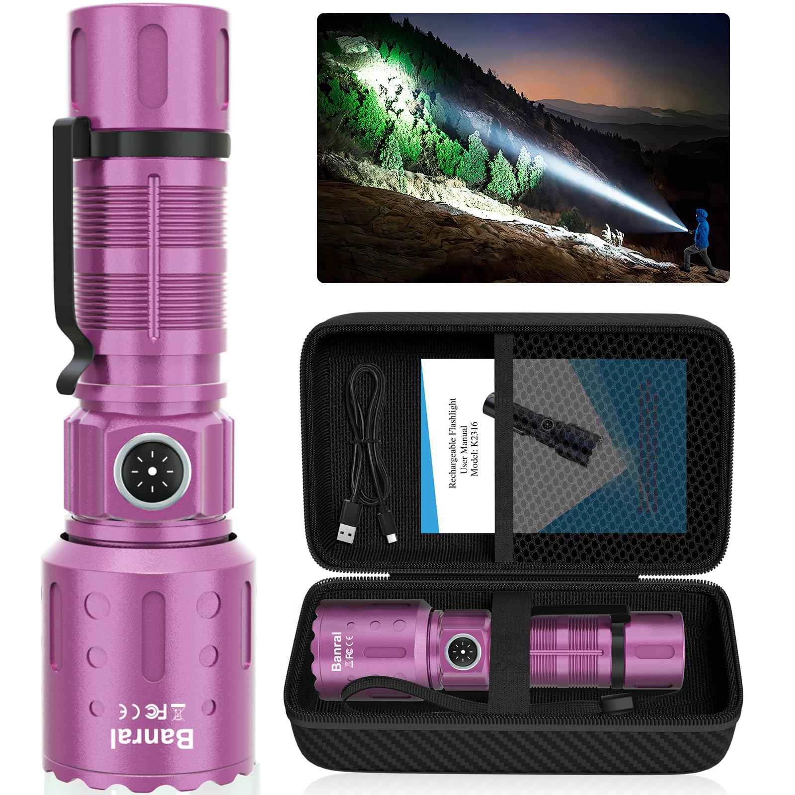 Banral Rechargeable Flashlight, 20000 Lumens, 1500m Range, 6 Modes, Waterproof, Aluminum, Model K-2316-B, Purple