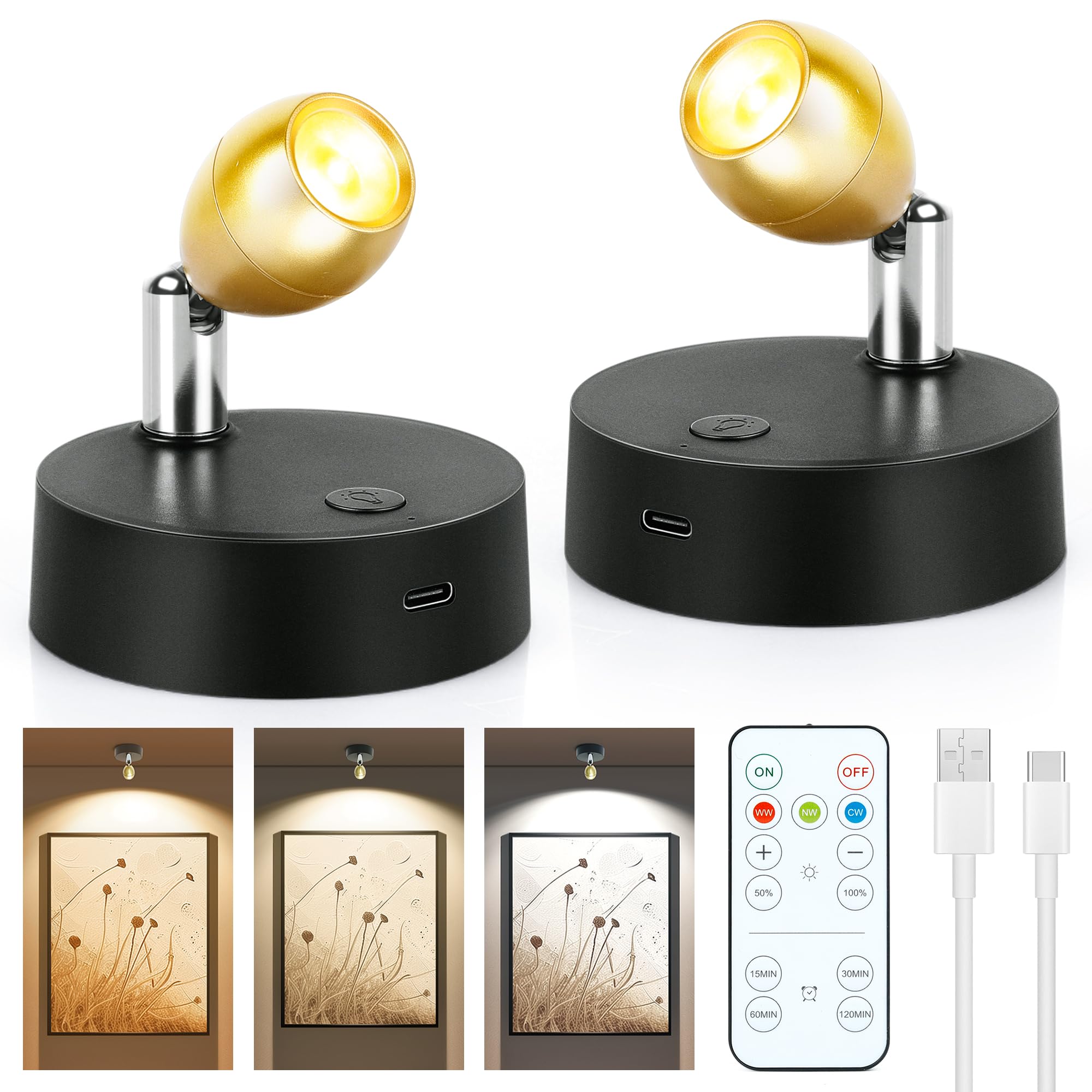 2Pack Rechargeable Spot Lights Indoor, Wireless Uplighting Indoor With Remote Control Timer&Dimmable For Plants, 3Cct Led Spotlight Indoor Accent Light For Painting Picture Display Portrait Wall Decor