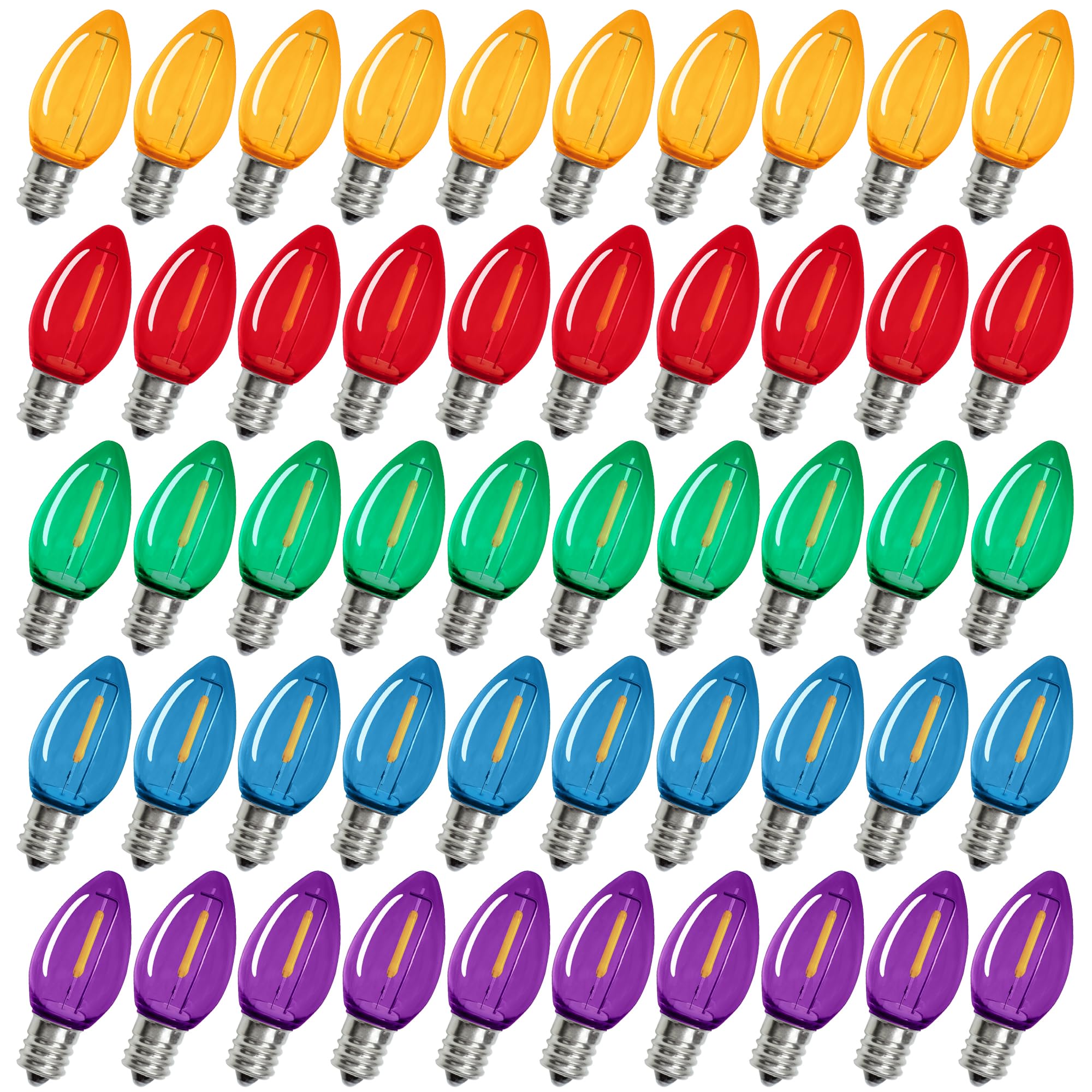 50 Pack C7 Led Replacement Light Bulb, C7 Led Bulbs For Christmas Outdoor String Lights, E12 Intermediate Base, Commercial Grade