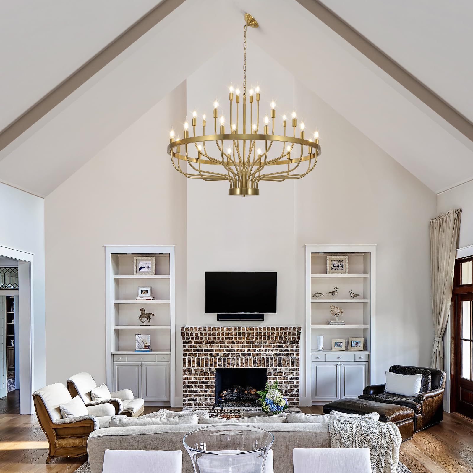 Gold Chandelier 24 Light Large Chandelier For High Ceilings, Farmhouse Wagon Wheel 39In 3-Tier For Dining Room, Hallway, Living