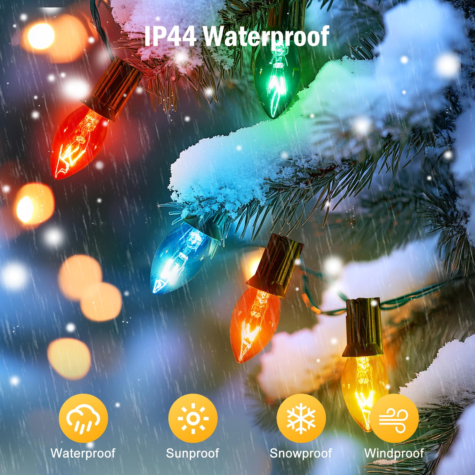 Minetom C7 Multicolor Christmas String Lights - 100ft Outdoor Vintage Lights with 100+4 Spare Bulbs, Green Wire