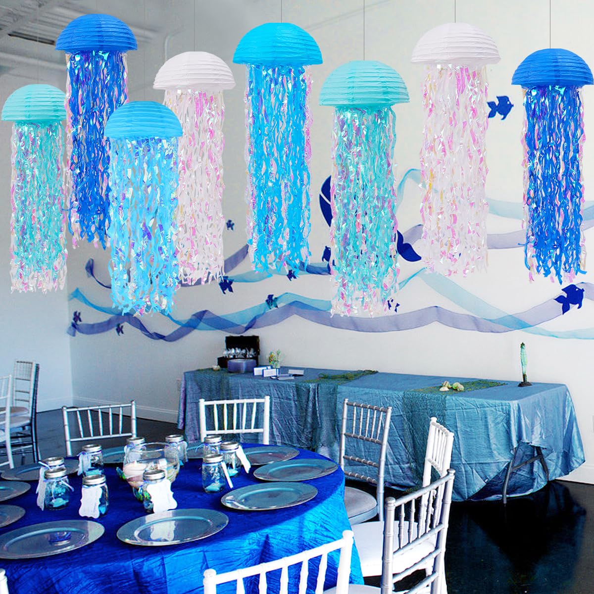 Yunxuan Mermaid Party Decorations, Jellyfish Paper Lanterns Blue White Hanging Lantern For Mermaid Birthday Party Baby Shower Un