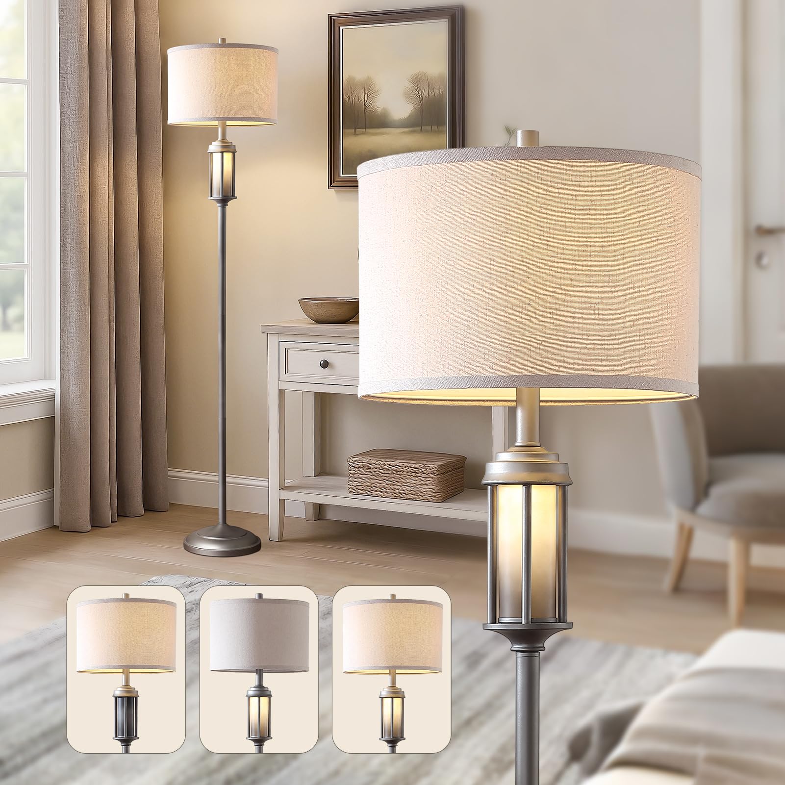 AIEAMPDO 65 Industrial Floor Lamp for Living Room Bedroom with 2 Light Sources, Modern Metal Tall Standing Lamp with Nightligh