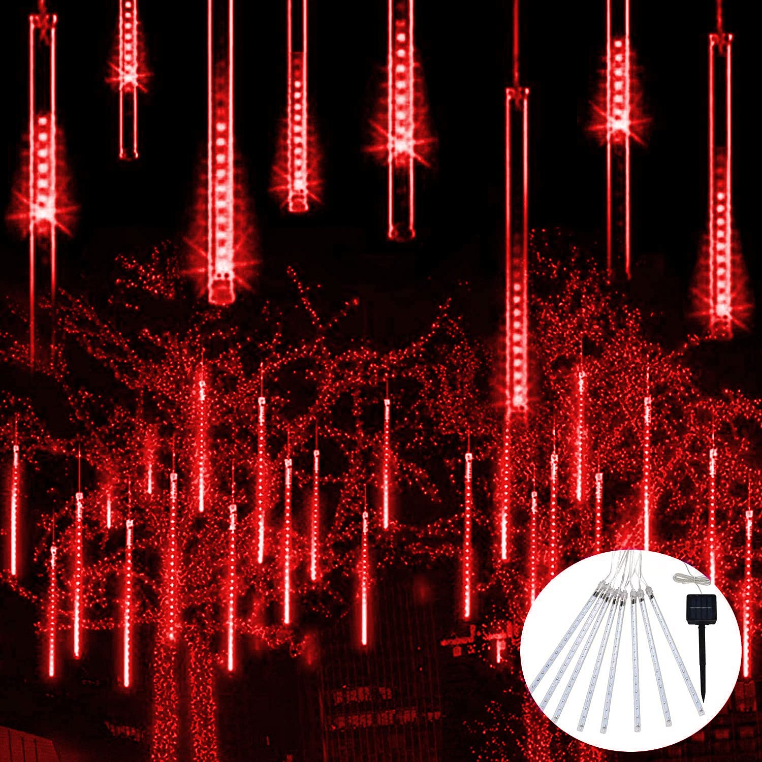 Jmexsuss Red Solar Meteor Shower Rain Lights, 8 Tube 144 Leds Solar Christmas Lights, Led String Lights For Xmas Halloween Tree