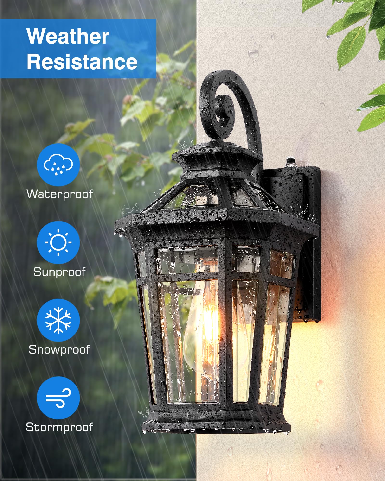 Opaxis Outdoor Light Fixtures Wall Mount, Black Exterior Sconce Lights Waterproof, Dusk To Dawn Porch Light With Beveled Glass,