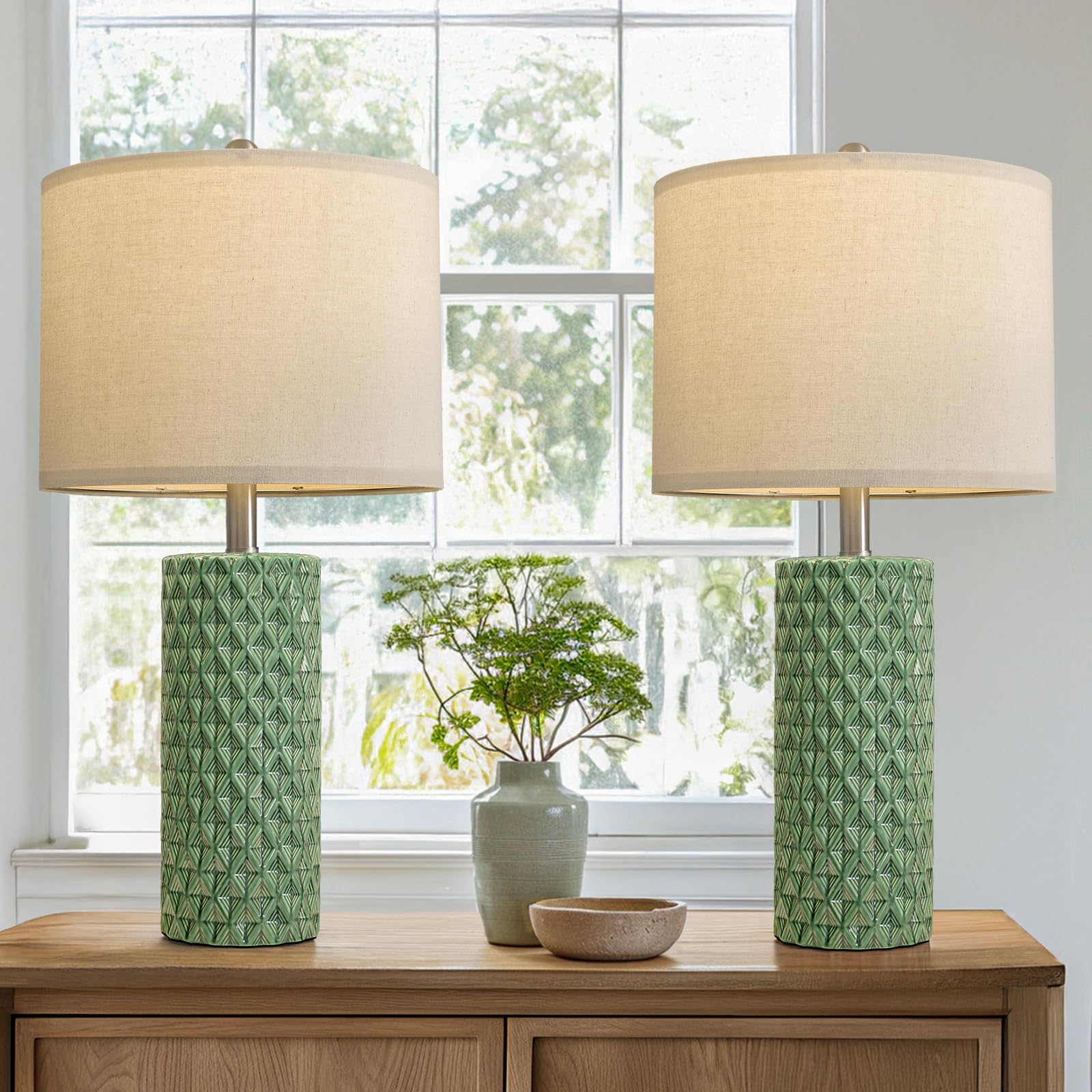 USumkky 26'' Tall Table Lamp for Living Room -Green Lamps Set of 2 Modern Ceramic Lamps for Night Stands, Bedside Lamp for End T