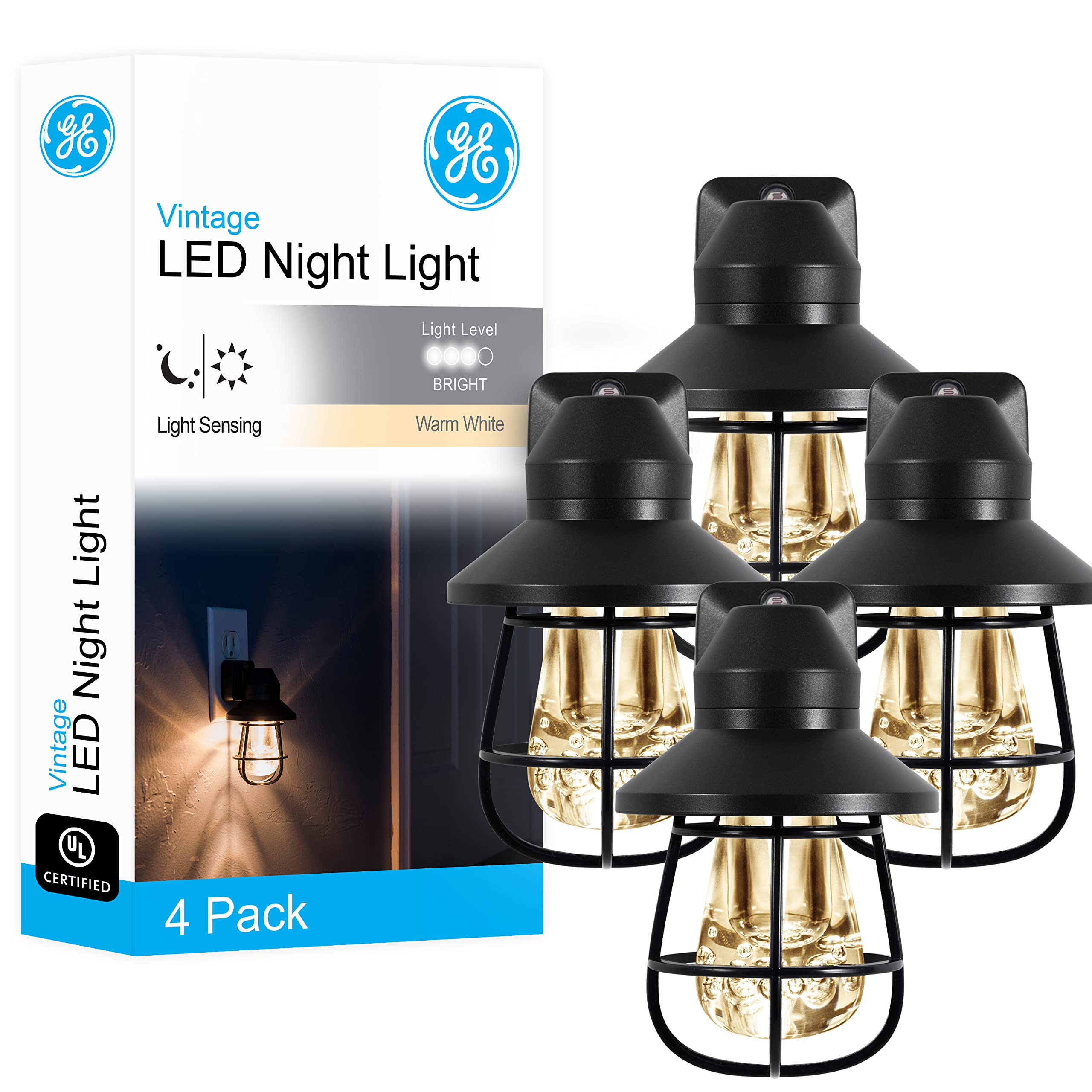 GE Vintage LED Night Light, Dusk-to-Dawn Sensor, 4 Pack, Black, UL-Certified, Ideal for Bedroom, Bathroom, Kitchen, Model 62461