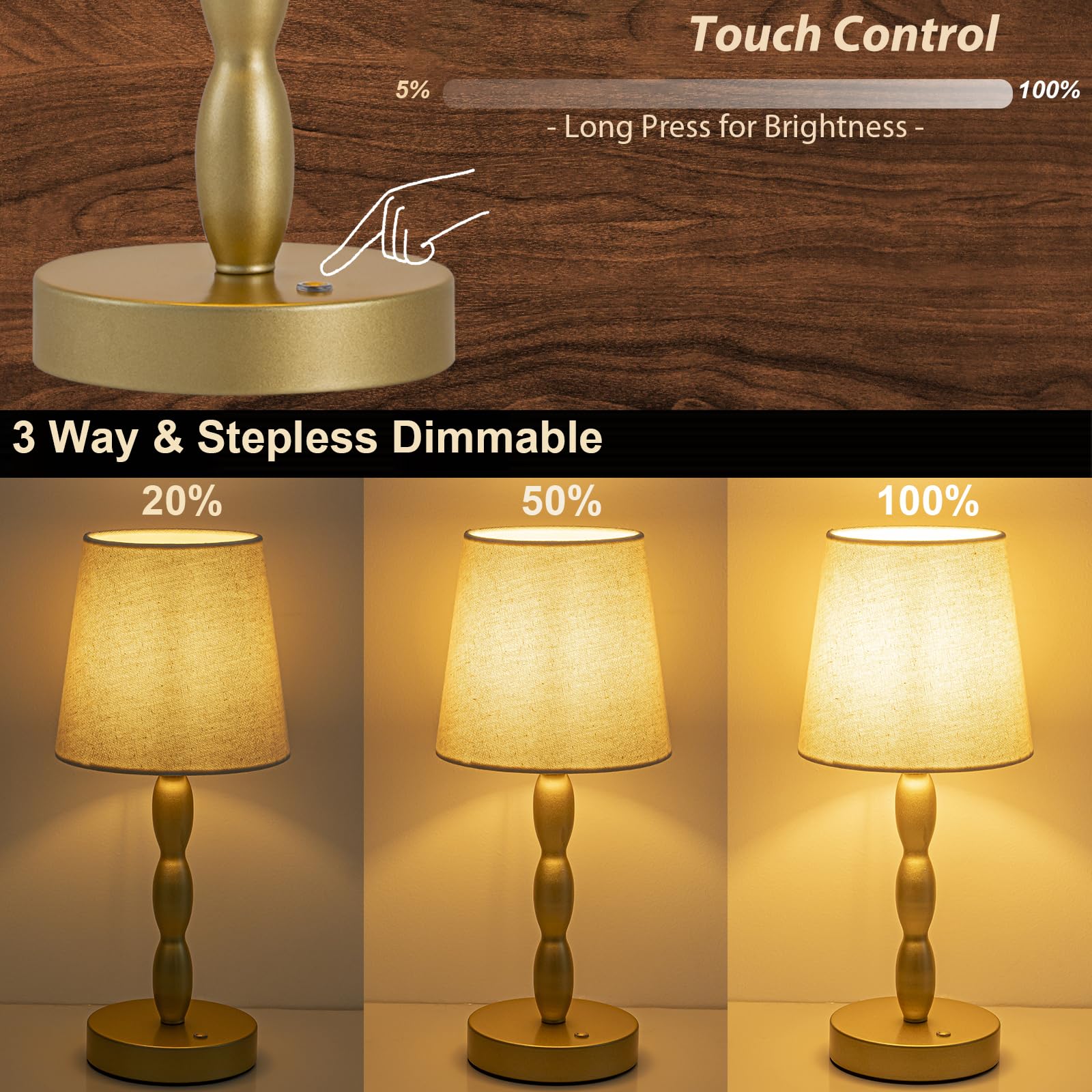CASTLELIFE Portable Cordless Table Lamp, Rechargeable, 3-Level Brightness, Gold, Model CL8433-JS