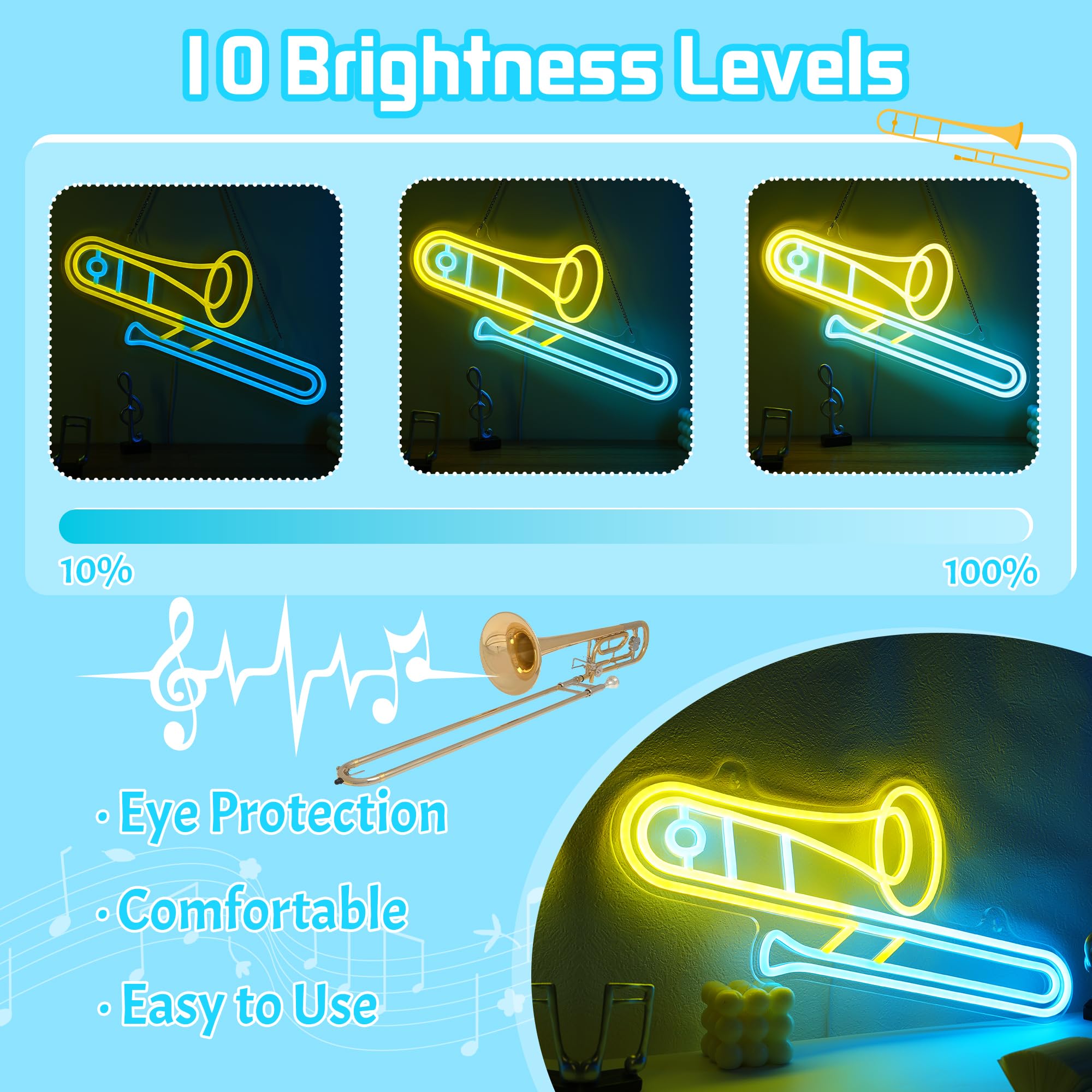 CoolGift Mart Trombone Neon Sign - Dimmable LED Light, 11.89"x16.38", Yellow-Trombone, USB Powered Room Decor for Music Lovers