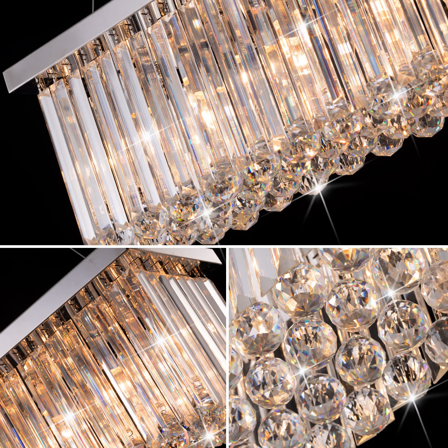 Modern Silver Rectangular Crystal Chandelier, Dining Room Chandeliers Over Table, Luxury Chrome Pendant Ceiling Light Fixtures F