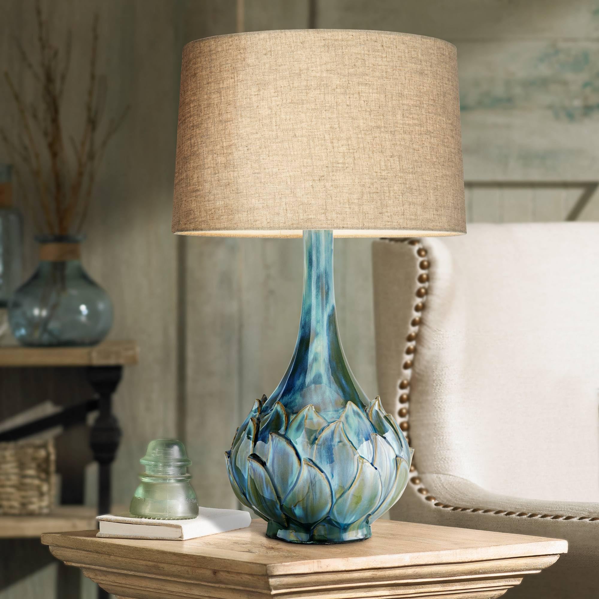Possini Euro Design Kenya Modern Tropical 3-Way Table Lamp with Dimmer 29 1/2 Tall Blue Green Glaze Ceramic Beige Linen Drum Sha