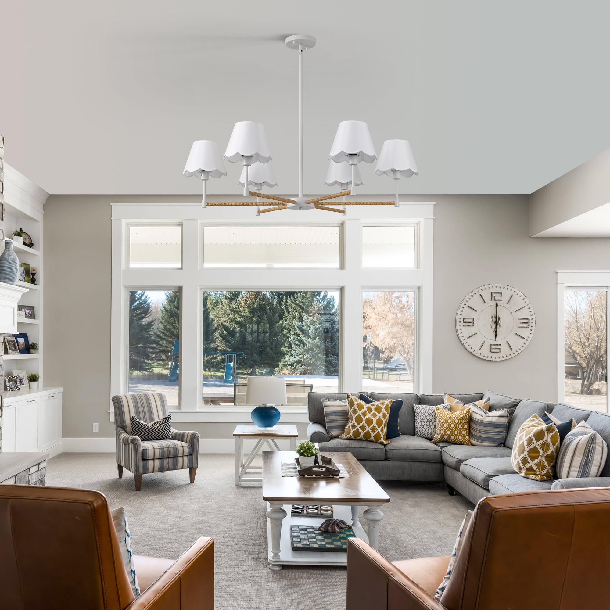 Farmhouse Rattan Chandelier With White Fabric Shade  6-Light Boho Chandeliers For Dining Room  Adjustable Rustic Pendant Light 37.5 Modern White Hanging Lighting For Kitchen Island  Living Room