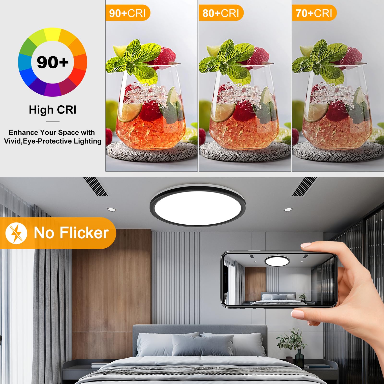 Amazefan 15 Inch Led Flush Mount Ceiling Light - 36W Dimmable, Night Light, Black, Model: Led Deckenleuchte