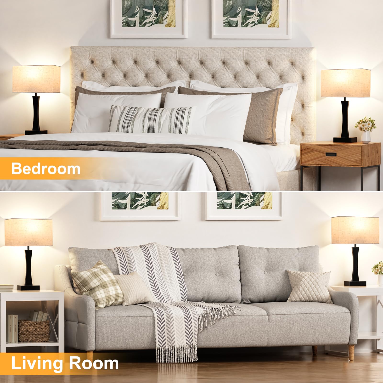 Seealle Bedside Lamps Set of 2 - 3 Way Dimmable, Metal, Cream & Black, Touch Control, USB C+A Ports, Model jinshumian3 3