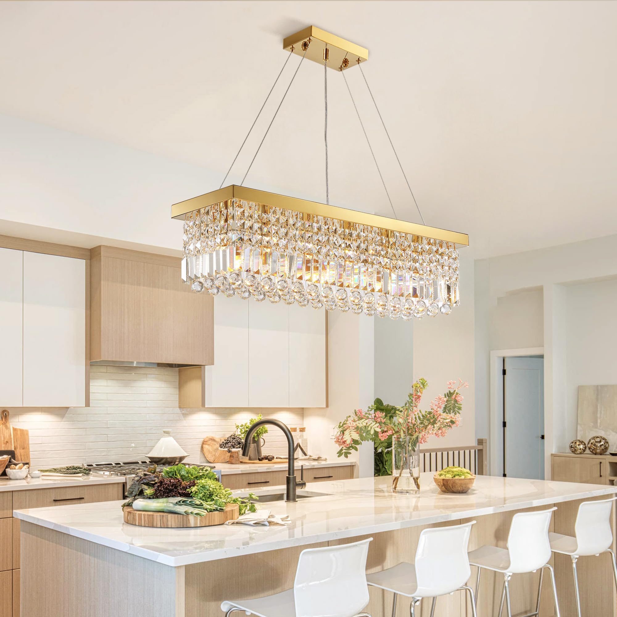 Tinkoso Crystal K9 Rectangle Chandelier For Dining Room,6-Light Modern Rectangular Pendant Light Fixture For Kitchen Island Bar,
