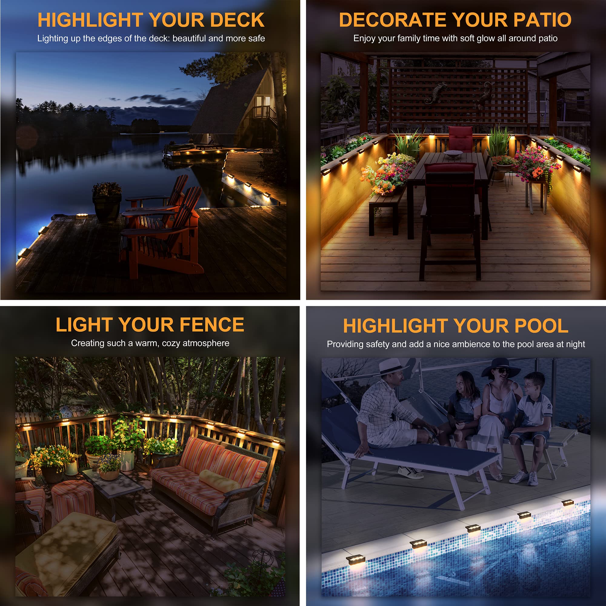 SOLPEX Solar Fence Lights, 6 LEDs, Waterproof, IP65, Warm White, 4 Pack, Brown, Model 8533