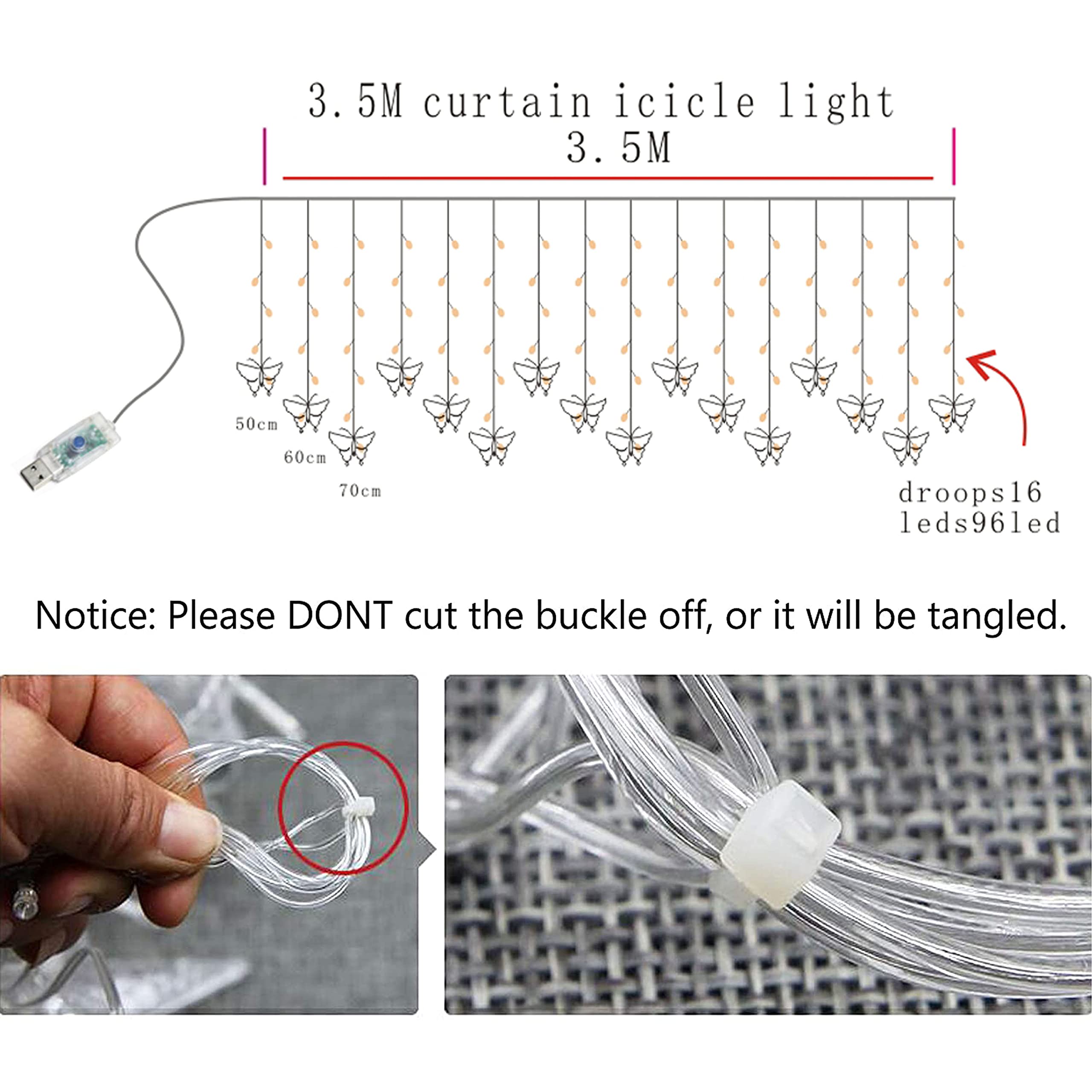 Decorman Butterfly Curtain Lights, 13ft, 96 LED, Cool White, USB, 8 Modes, Model CLD-B-R-001