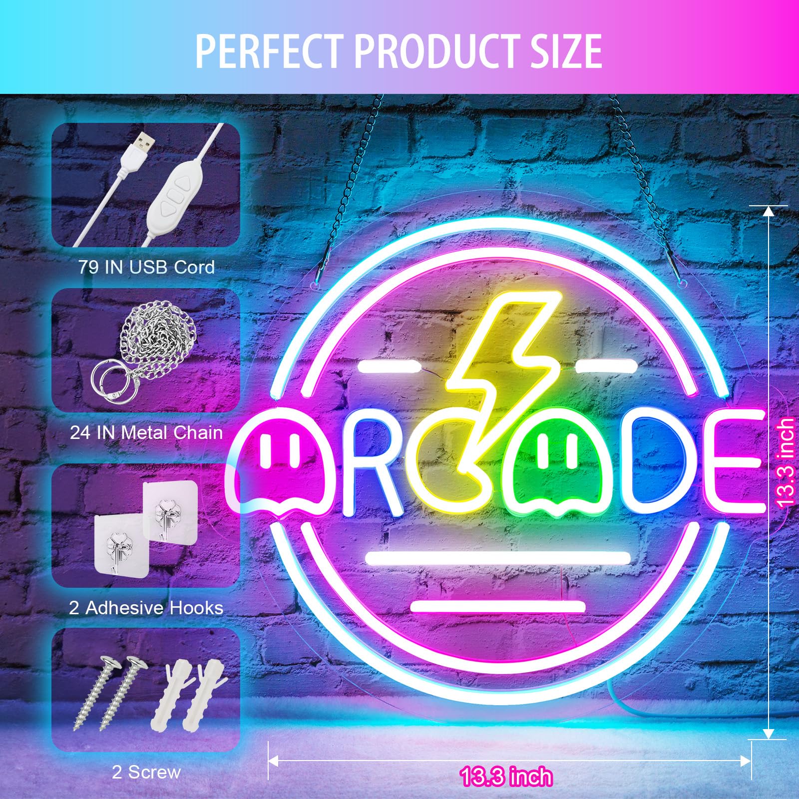 Basaneon Gamer Neon Sign, Dimmable LED Wall Decor, 13.3inx13.3in, C-Arcade, Model ZF-ARCADE, USB Powered, Best Gifts for