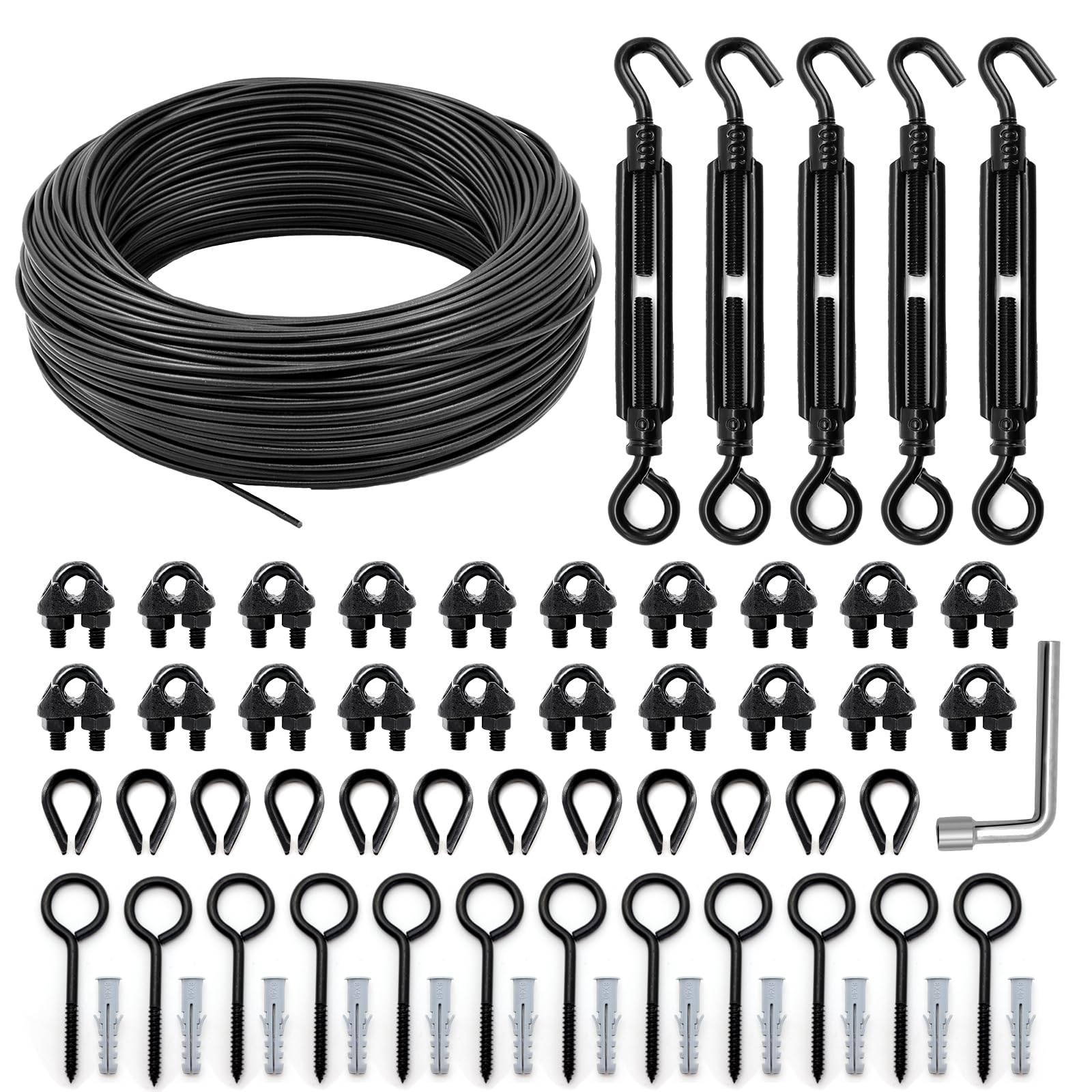 hannger String Light Hanging Kit, Full Black Globe String Lights Suspension Kit w/ 164FT PVC Coated Steel Cable & Enough Accesso
