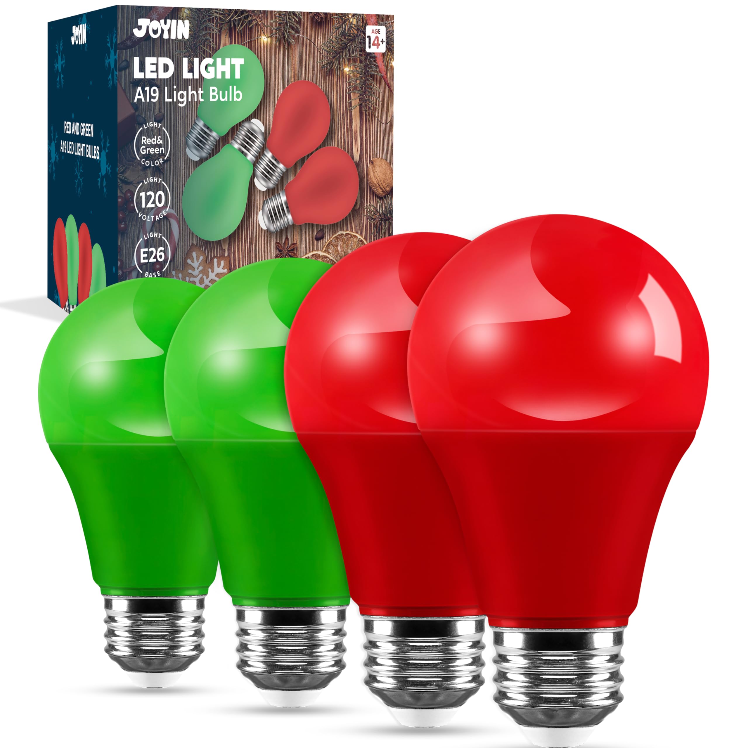 Joyin Red And Green Light Bulbs - 4 Pack Led A19 Christmas Light Bulbs  E26 Base 9W Red Green Lightbulb Party Holiday Lighting  Porch Garden Indoor Outdoor Christmas Decoration