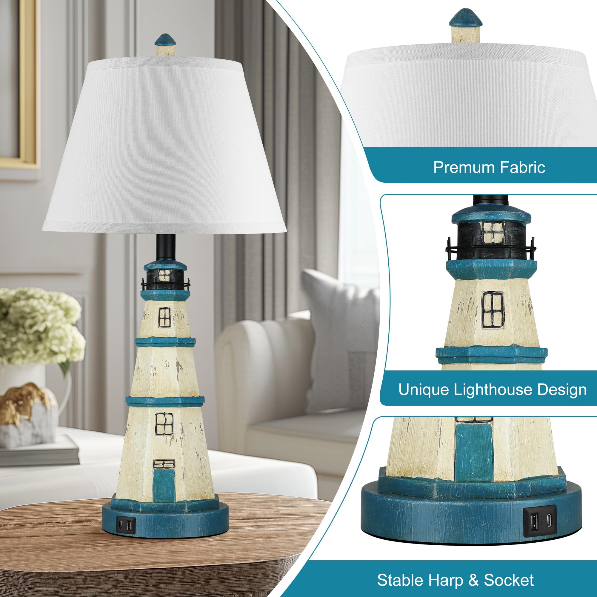 WIHTU Table Lamps Set of 2, Touch Control, 3-Way Dimmable, USB Ports, Modern White Blue, Bulbs Included, Model WTLP171BL2