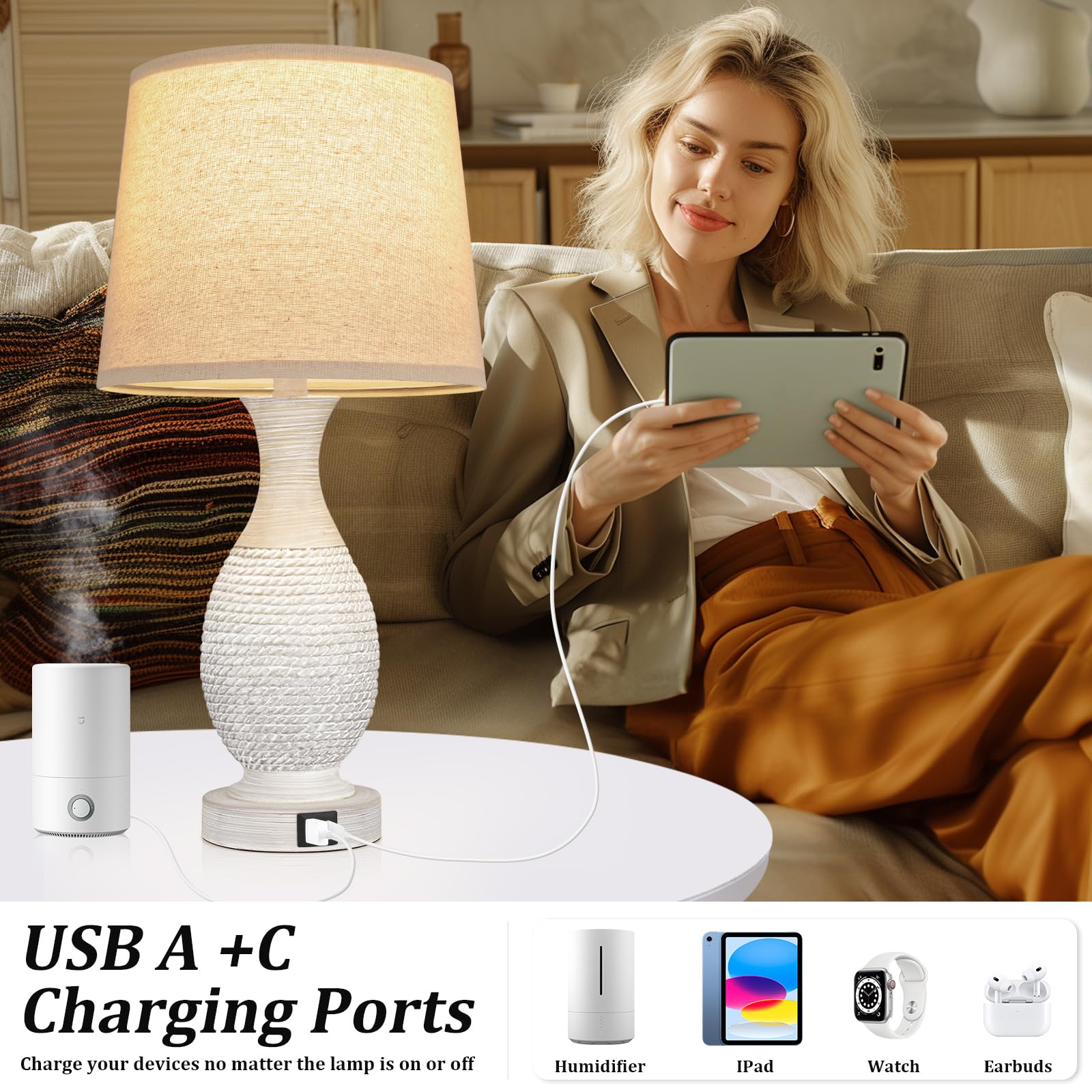 Seealle Bedside Lamps Set of 2 - Dimmable Touch with USB C+A, Resin, 22.6in, C. Oat Shade, Model 07033, Bulbs Included