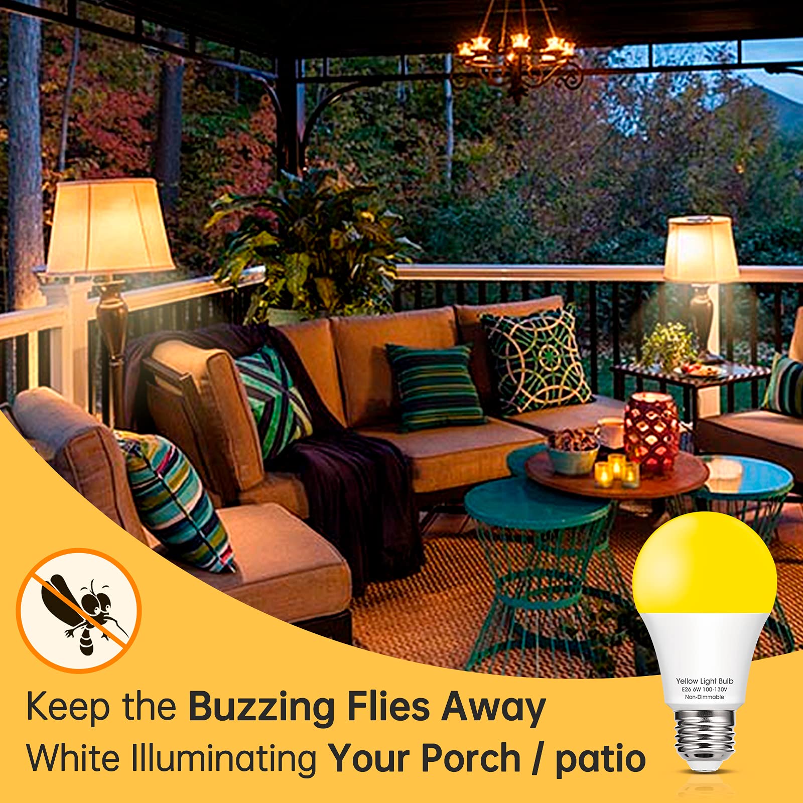 Evastary 6W Yellow Led Bug Light Bulbs, 40W Equivalent, Amber Night Lights, 4 Pack