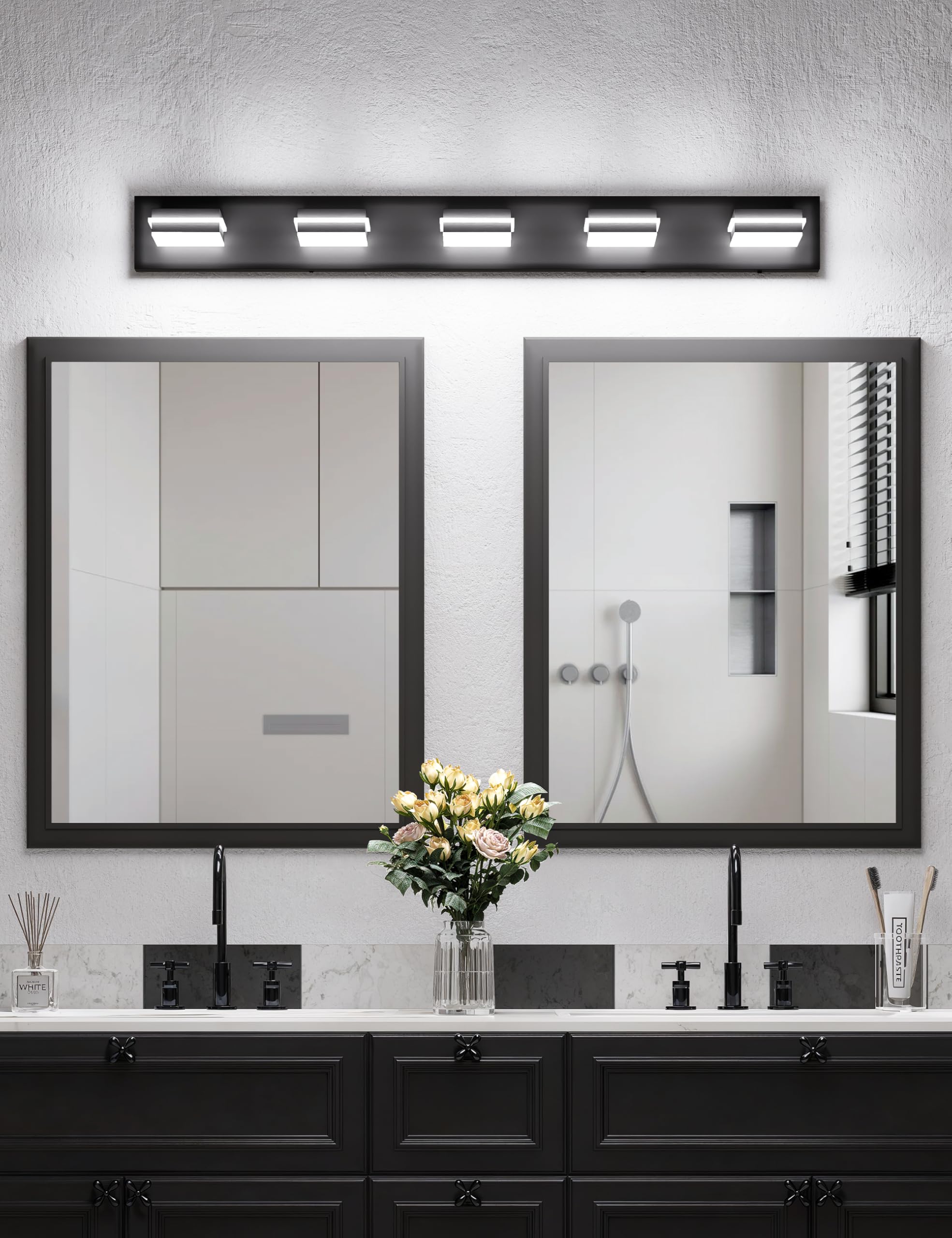 VOLISUN 5-Light Bathroom Vanity Light Fixture, 40-Inch, Black LED, 360° Rotatable, Acrylic, Model 9553F, 6000K
