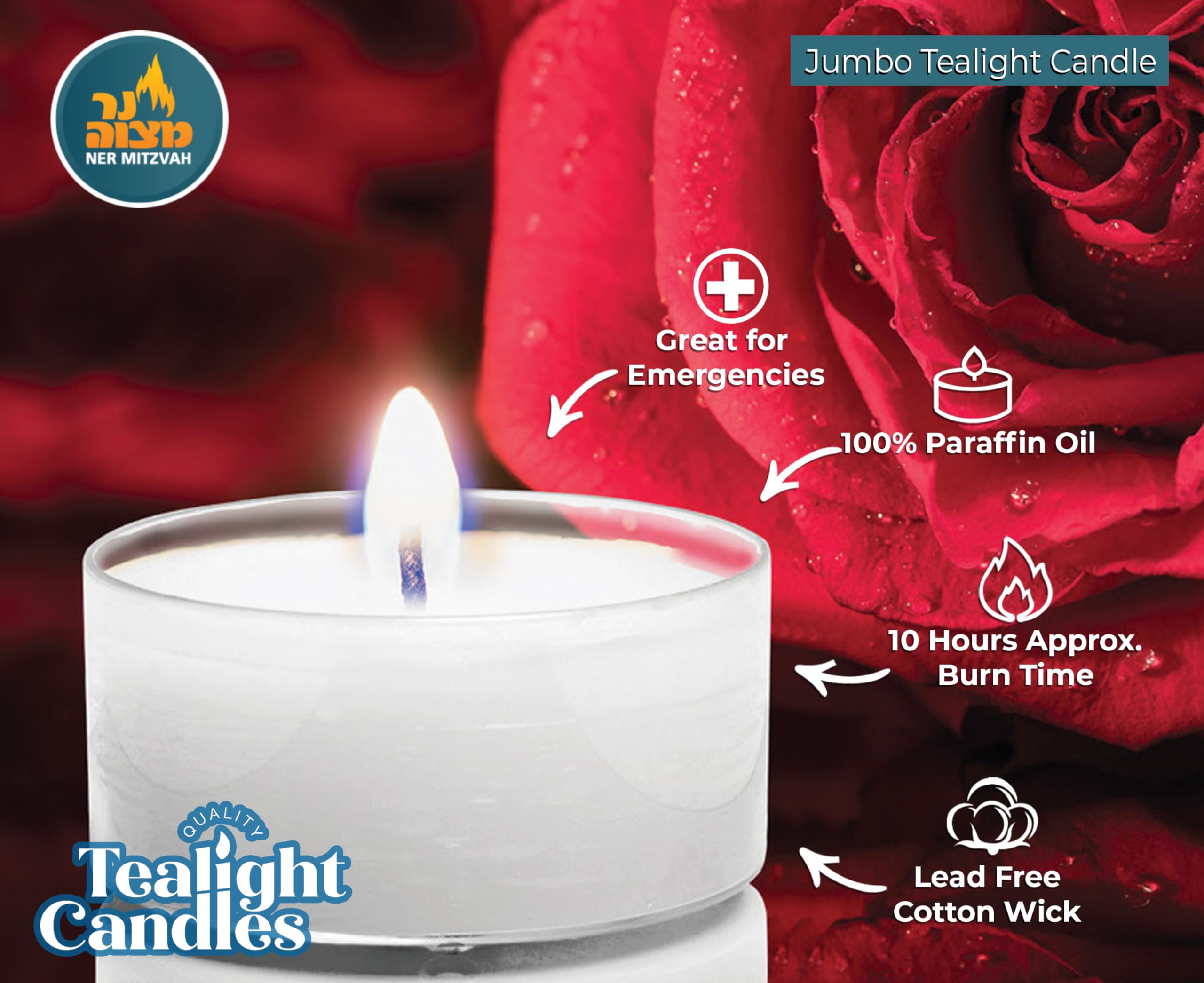 Ner Mitzvah Tea Light Candles - 16 Pack - White Unscented Tealight Candles - Long Burning - 10 Hours