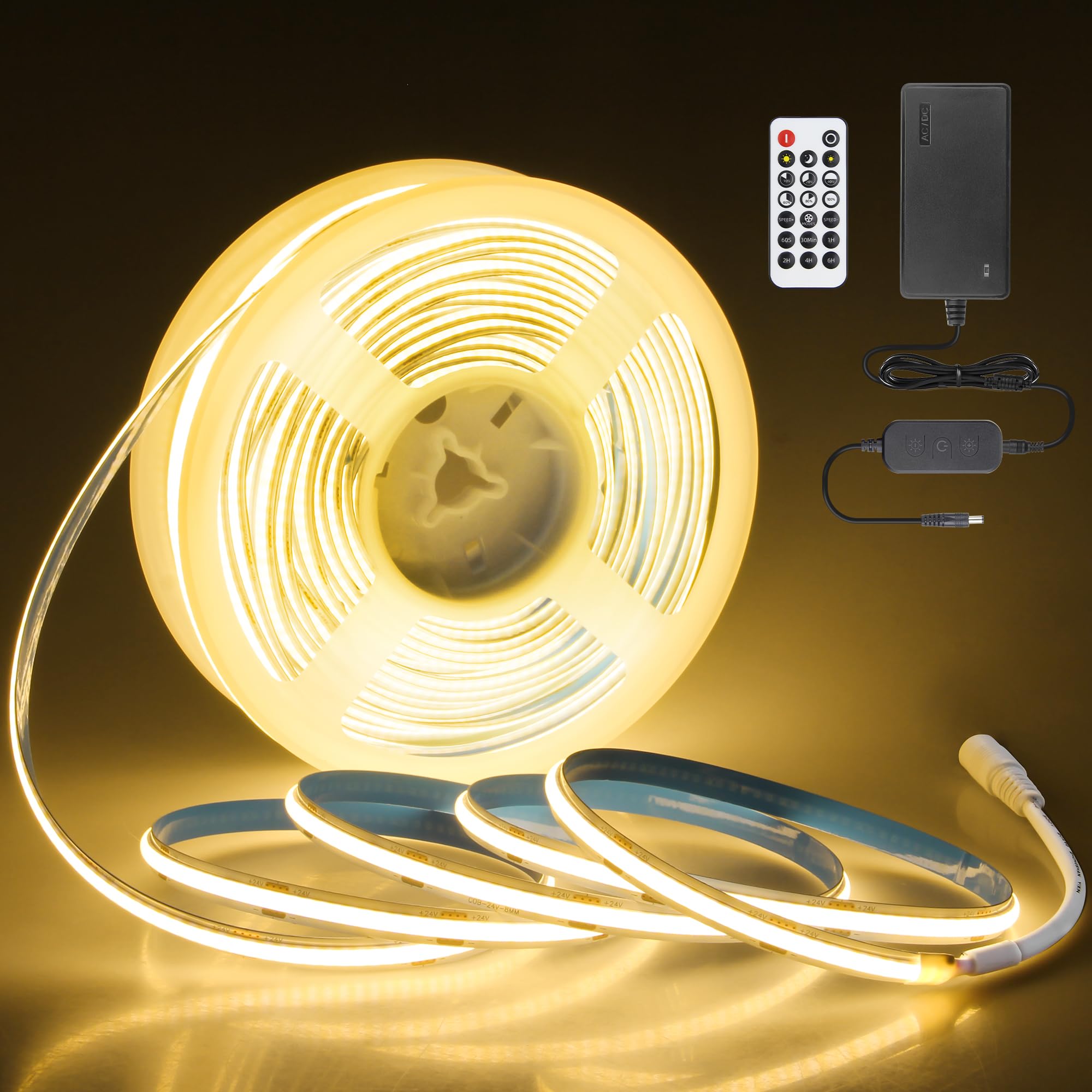 65.6FT/Roll COB Led Strip Lights 3000K 24V Dimmable LED Light Strip with Remote/App CRI 90+ Warm White 480LED/S Hight Density Su