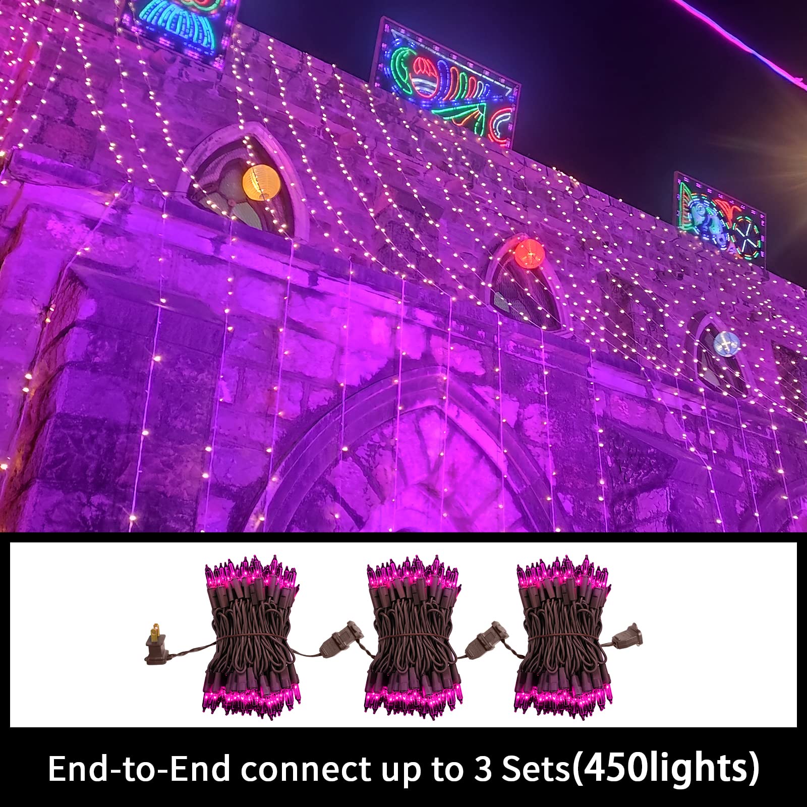 Lamphome Super-Bright Extendable Purple Halloween Lights Decoration 300Lights 63.8Ft(2Pk Of 150L) Ul Certified Mini Bulb String Light Set For Outdoor Halloween Home Christmas Tree Garden Holiday Decor