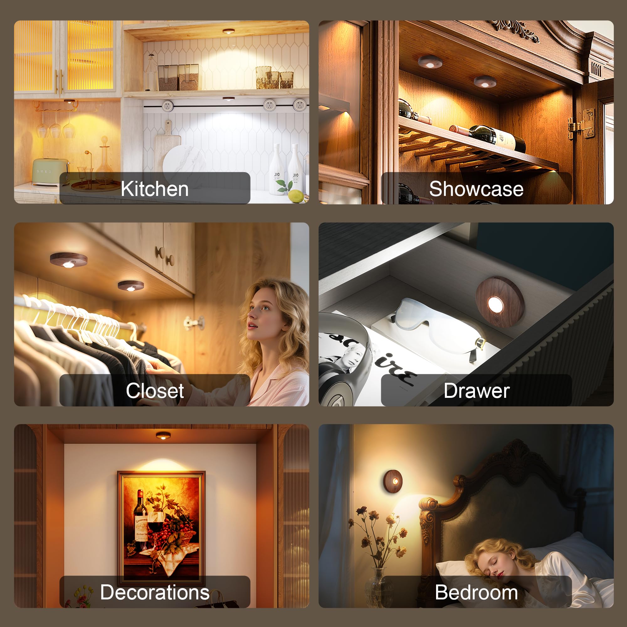 UNUSROOM Rechargeable Puck Lights - Dimmable LED Under Cabinet Lighting, 2000mAh Battery, Dark Wood, Magnetic Mount, Model T065
