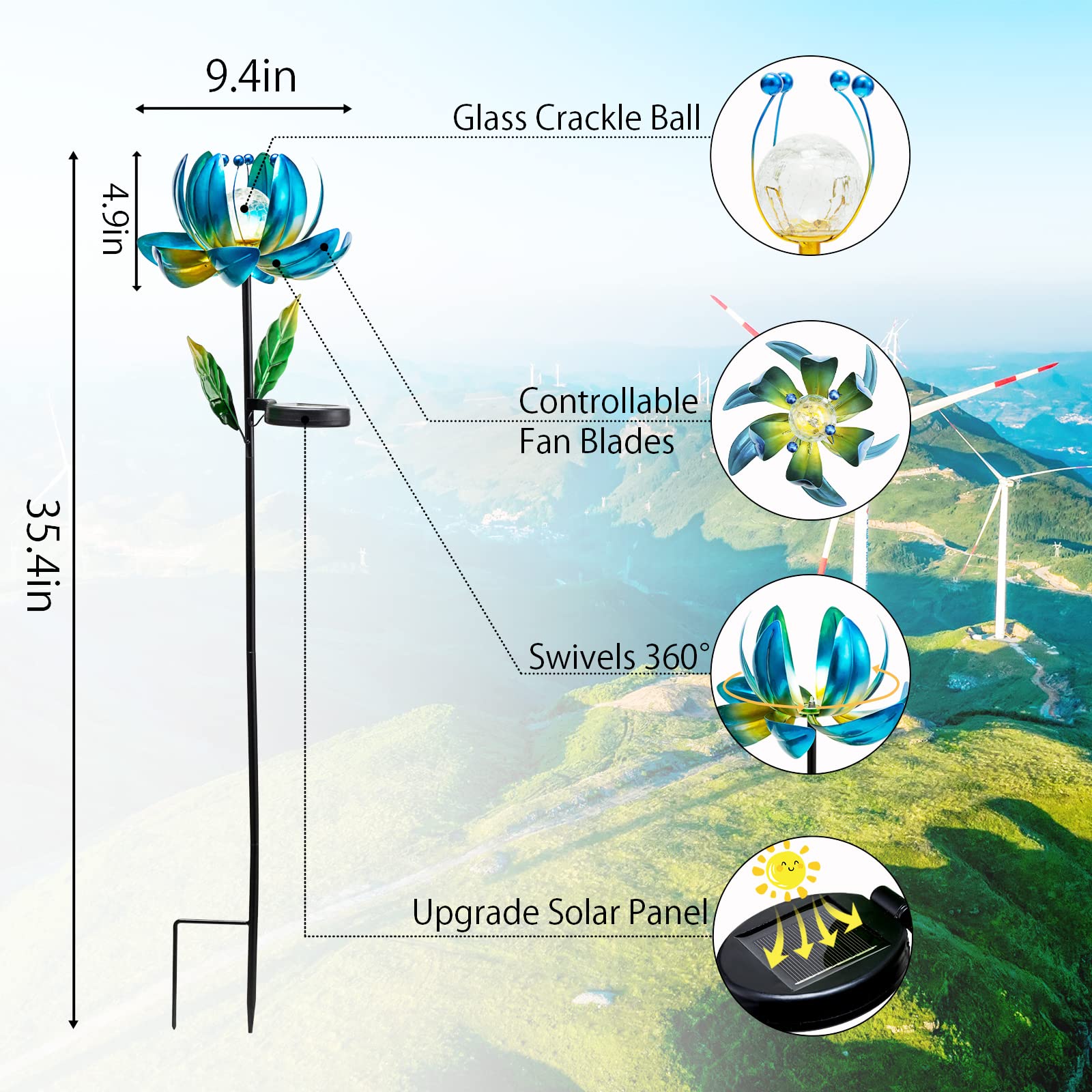 Huaxu Solar Outdoor Lights 35.4In Garden Decor Flower Wind Spinners,Waterproof Led Crackle Glass Globe Blue Lotus Art Metal Stak