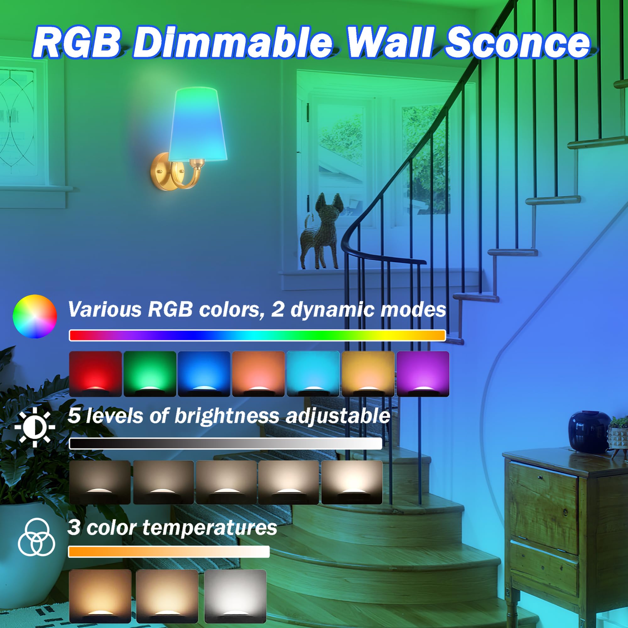 Slywise Battery Operated Rechargeable Wall Sconce, 7 Color Rgb, Usb Charging, Brass Finish