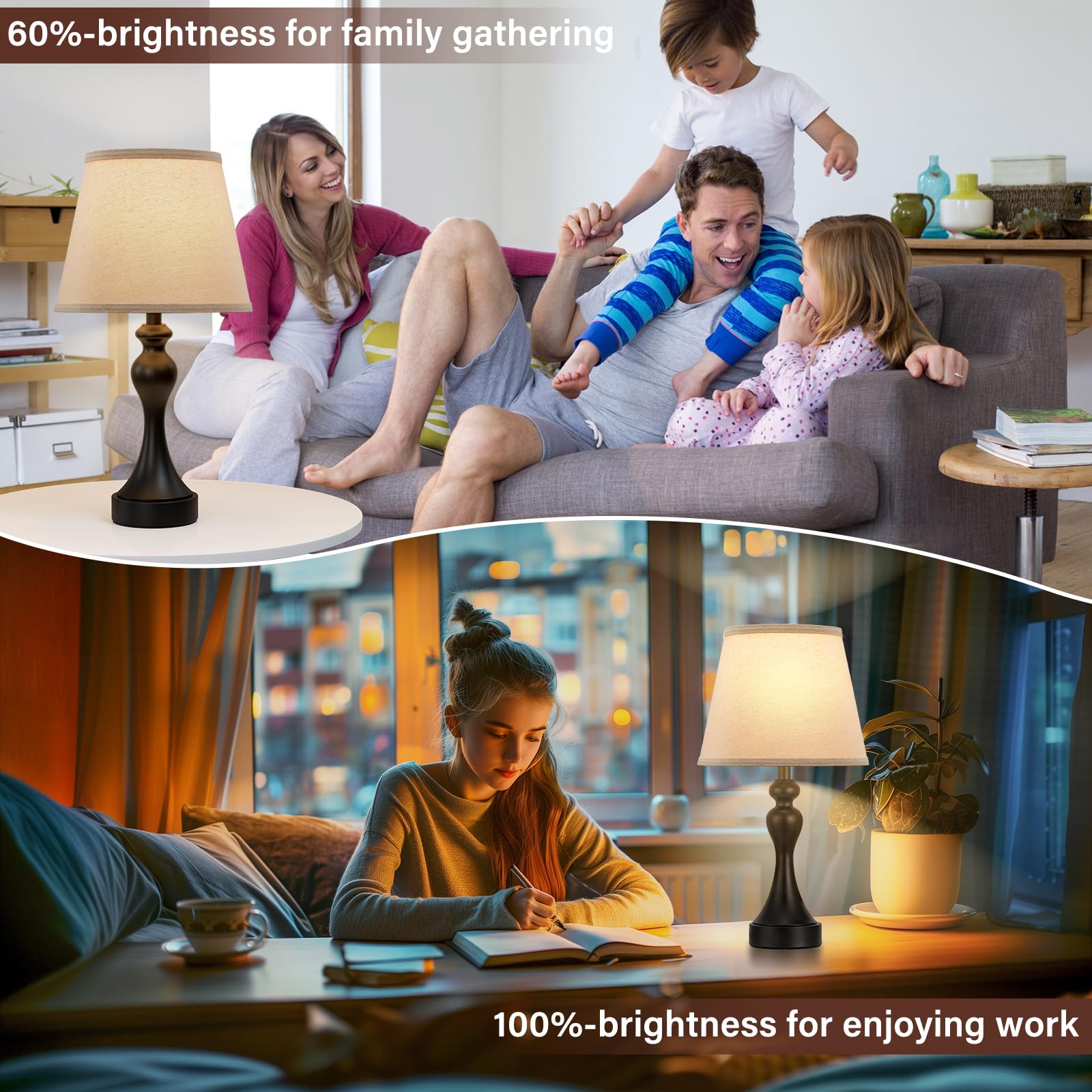 Seealle Touch Lamps Set of 2 - 3 Way Dimmable, USB C+A, Light Oat Shade & Black Base, LED Bulbs Included, Model 07021