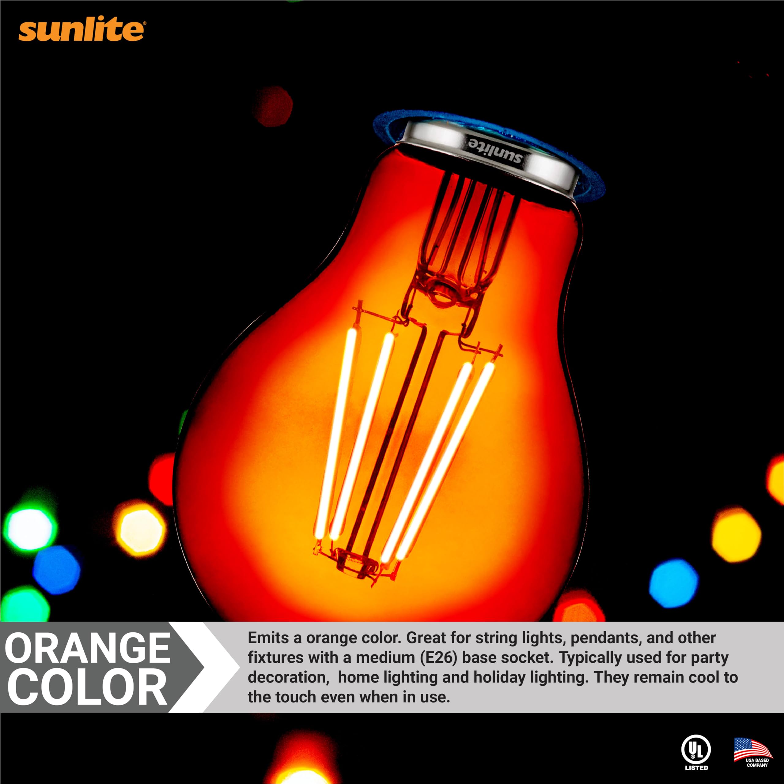 Sunlite 40944 LED Colored Filament A19 Light Bulb, 4.5 Watts, Medium E26 Base, 120 Volts, Transparent Orange, Dimmable, 320 Degr