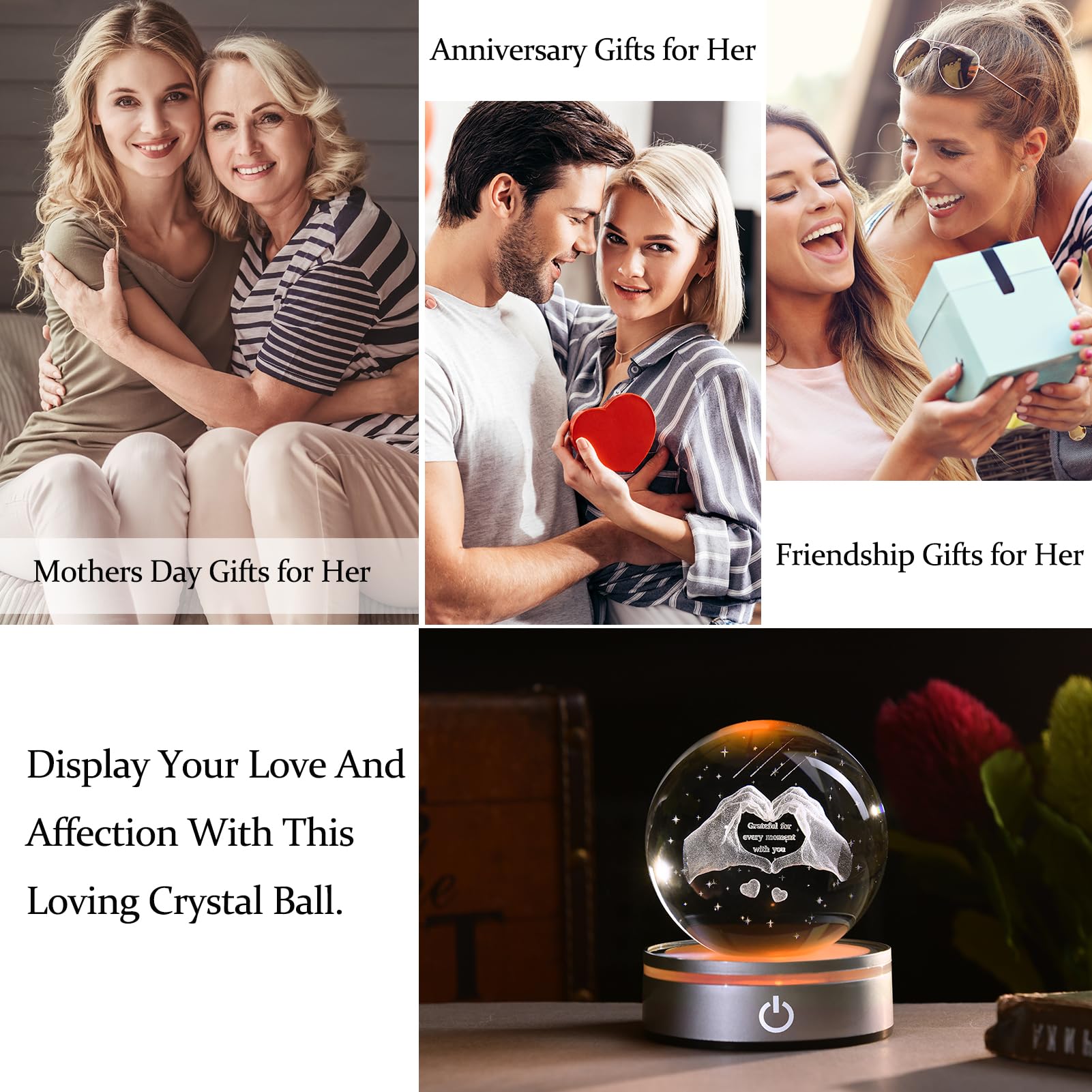 Ifolaina 3D Heart Crystal Ball Grateful Gifts For Mom Wife 3.15 Engraved Glass Love Hands Sphere Decor Gifts For Mothers Day Anniversary Birthday Crystal Heart Hands Lamp