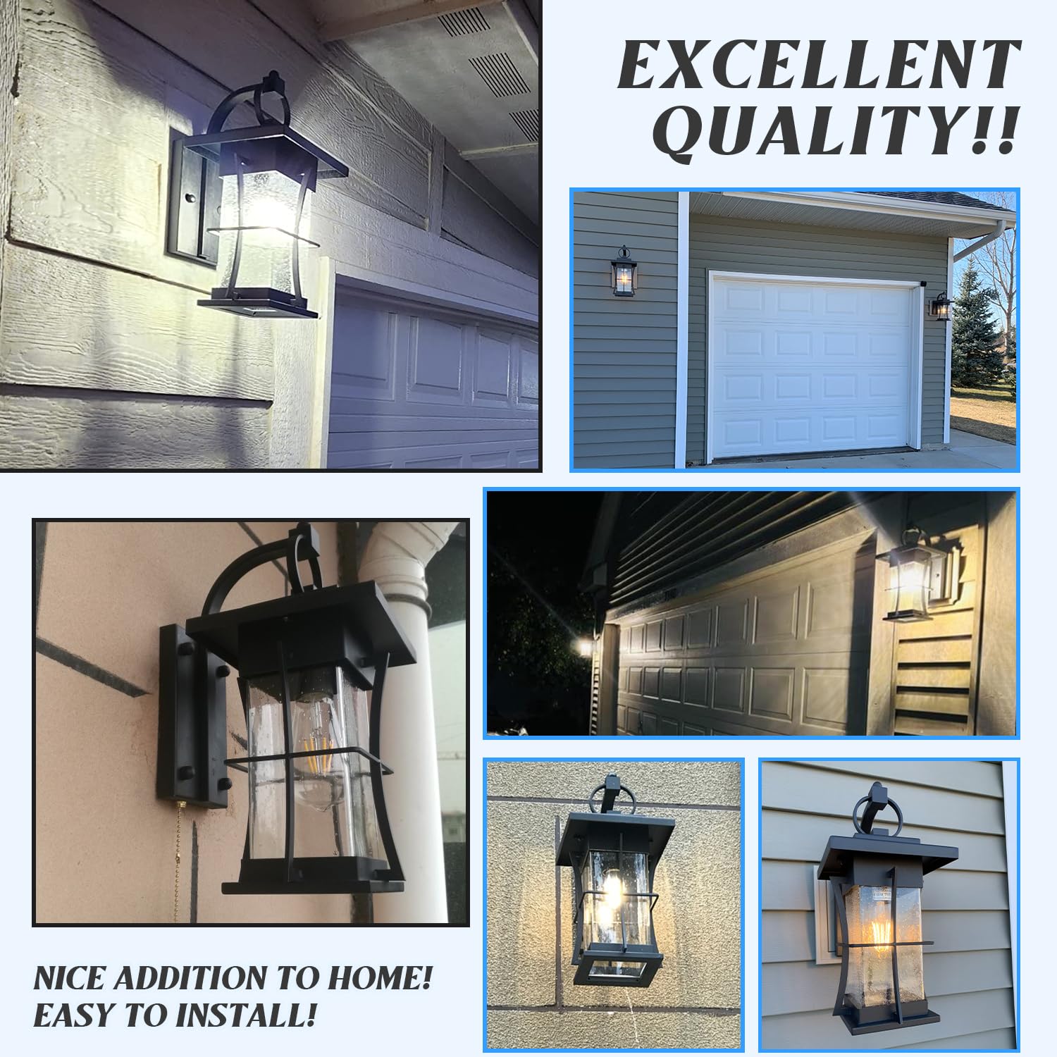 EERU Dusk to Dawn Outdoor Wall Lantern, Waterproof Metal Fixture, Large, Black with Seeded Glass