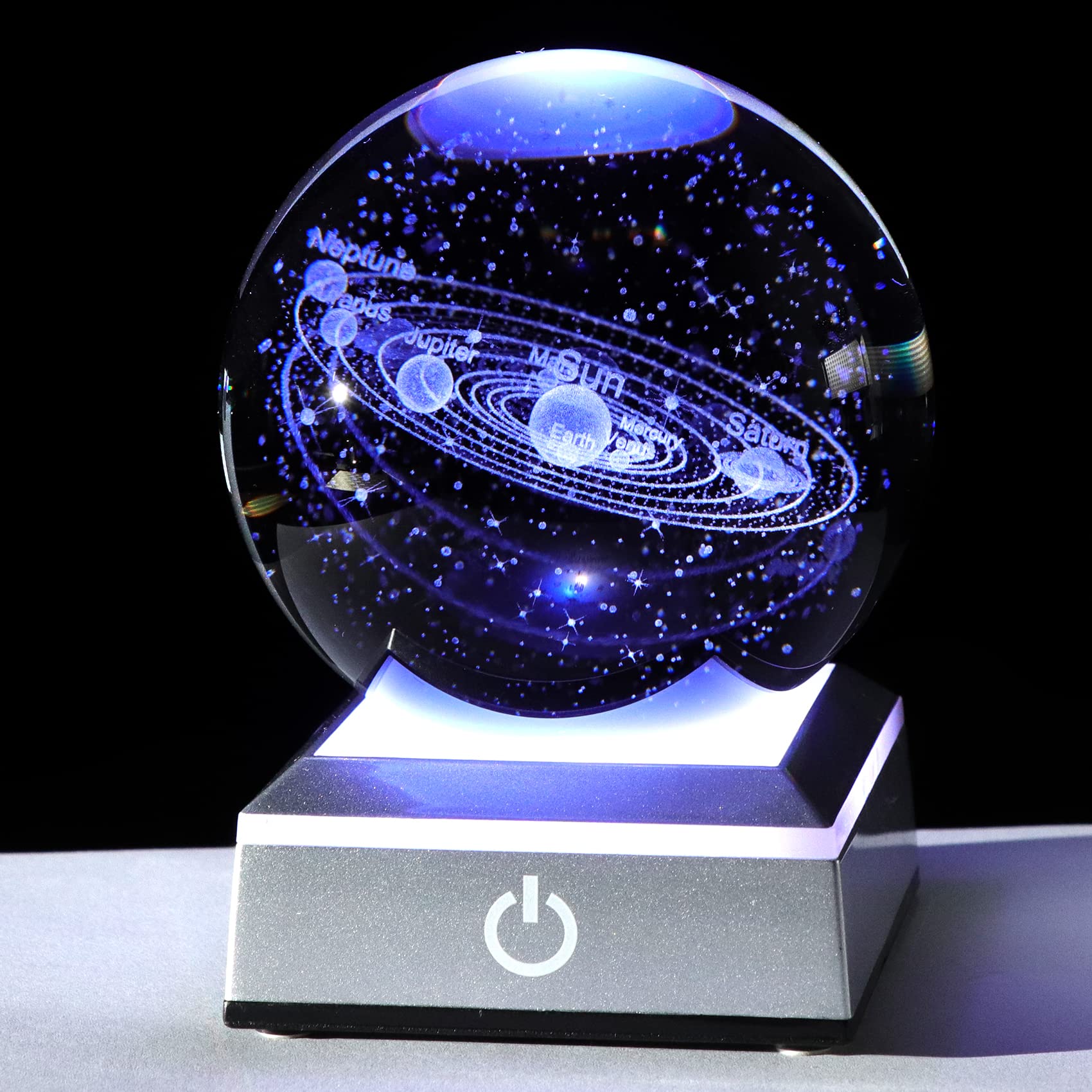 Ornalrist 3.15" K9 Crystal 3D Solar System Ball With Silver Led Colorful Lighting Touch Base, Engraving Solar System Star Planet Model, Science Universe Astronomy Gifts For Astronomy Lovers