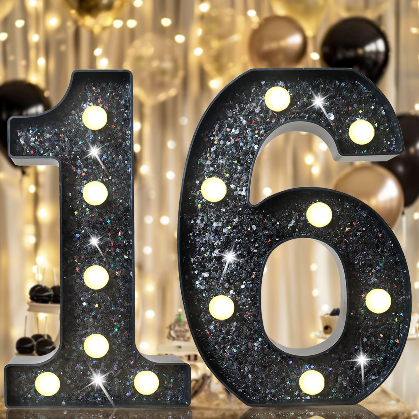 8.8 Decorative Led Light Up Numbers  Glitter Marquee Numbers Lights For 16Th Birthday Decorations  Shiny Lighted Number Sign For Birthday Party Wedding Anniversary Home Decor  Glitter Black 16