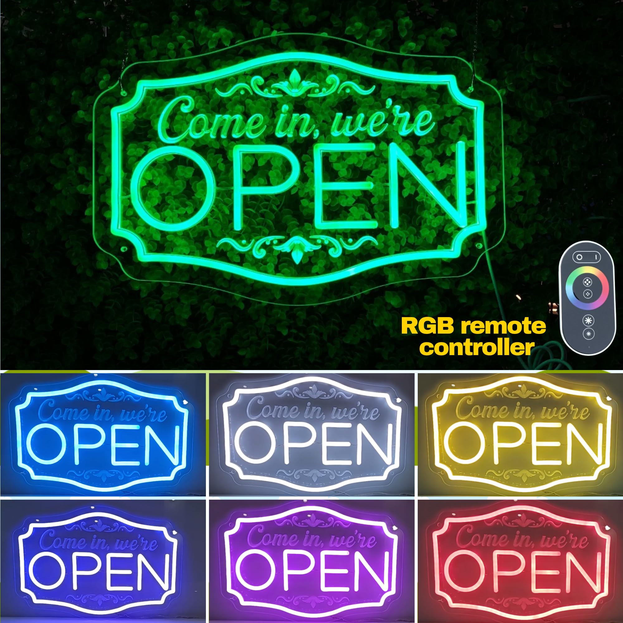 NEONGRAND LED Neon Open Sign, Adjustable Brightness, 16.5x11in , 7 Changing Colors, Acrylic Wall Decor for Business, Party, Salon