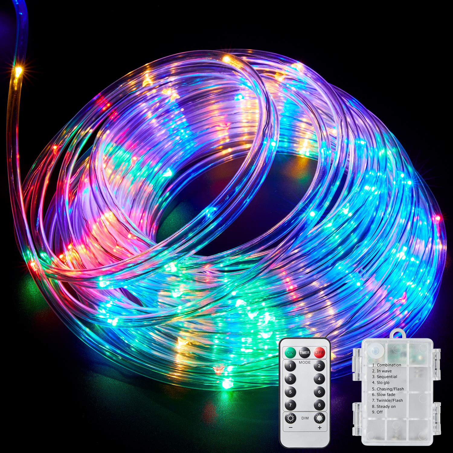 Ollivage LED Rope Lights, 40Ft Battery Powered, Multi Color, Waterproof, 8 Modes, Model RL-OV001, 1 Pack