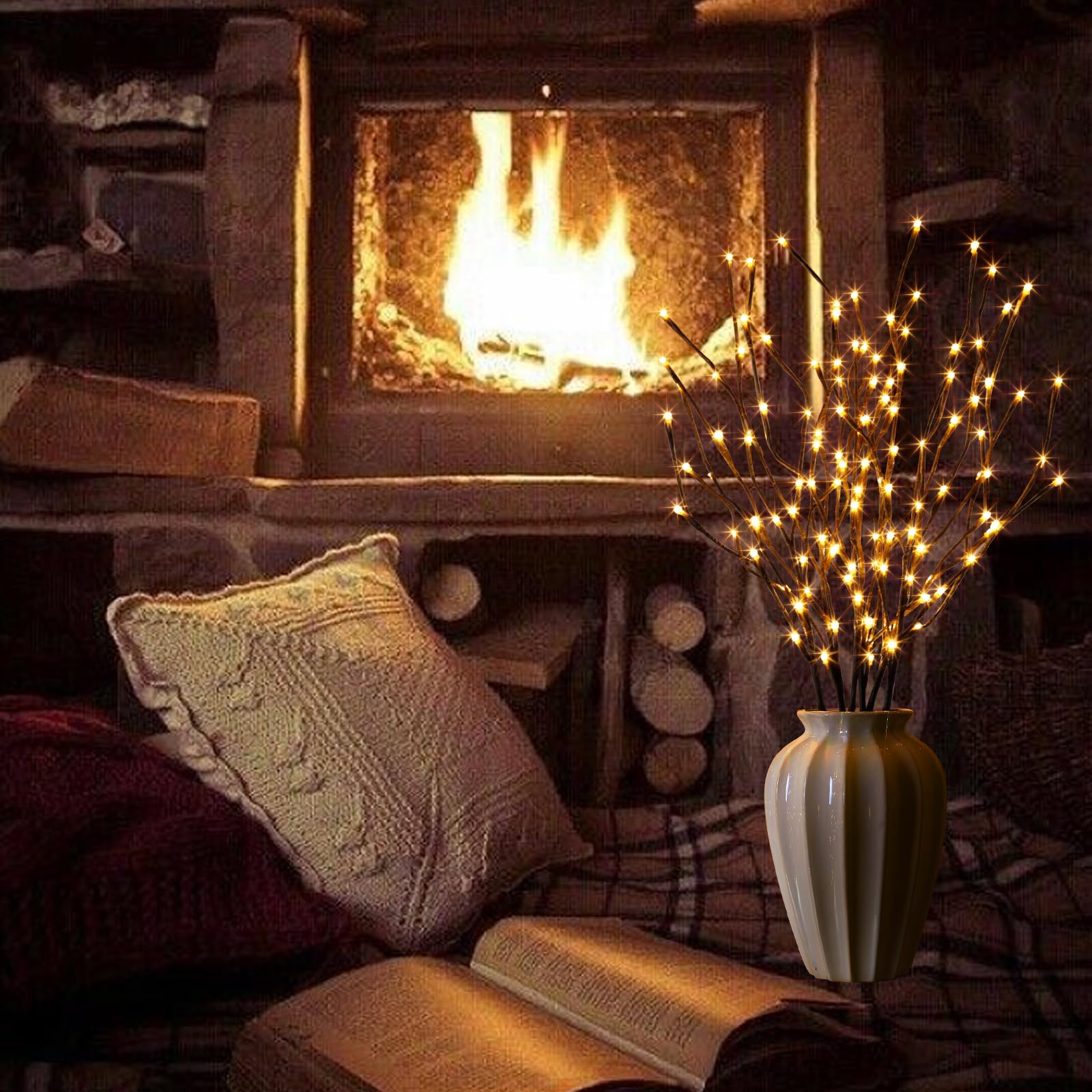 Vanthylit Lighted Twig Stakes Set of 2, 30" Brown Plastic, 120 Warm White Lights for Indoor/Outdoor Pathway Decoration