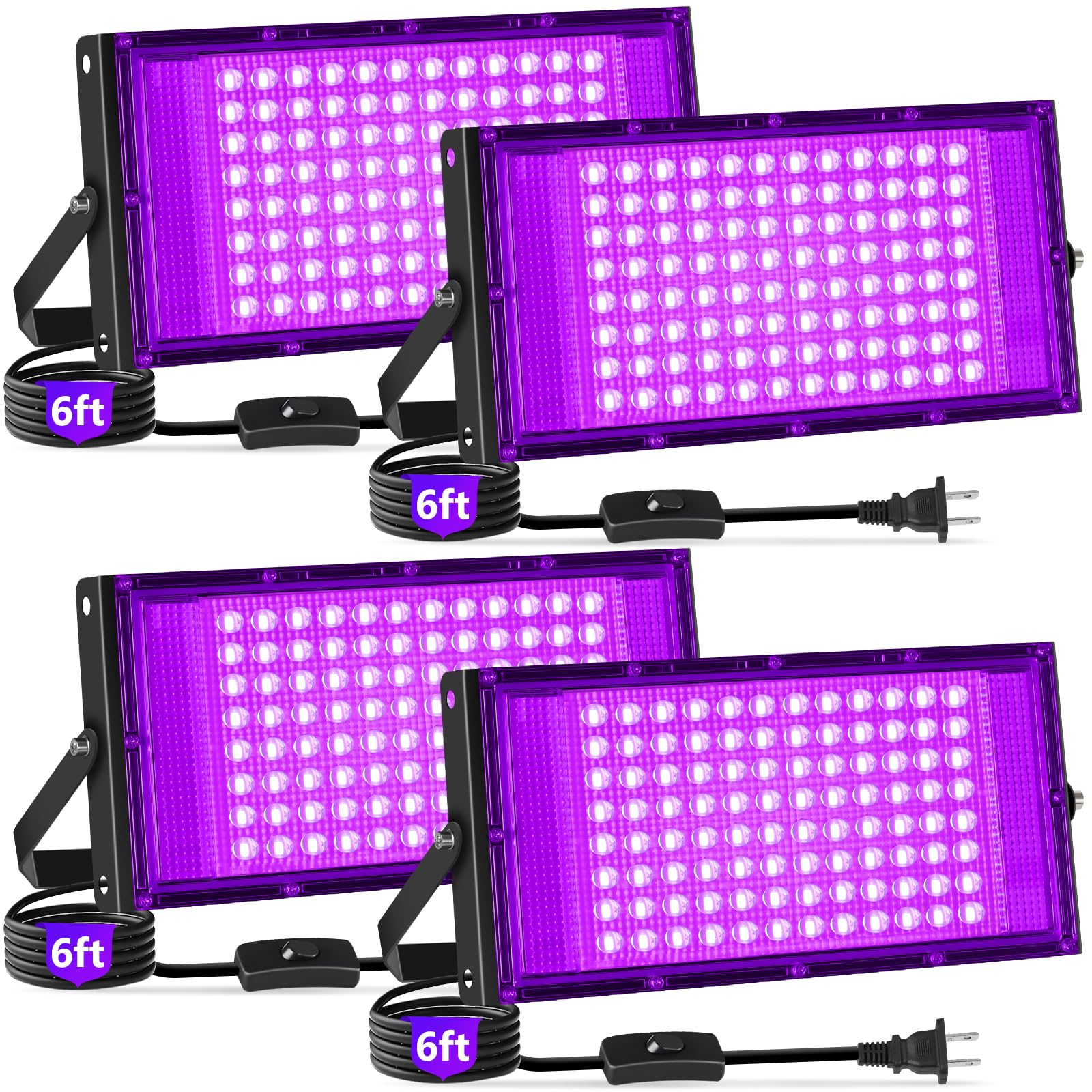 YAYIT 100W Black Lights with Switch+Plug  IP66 Waterproof  LED Blacklight Flood Light for Glow Party  Halloween  Bedroom  Fluorescent Poster  Body Discomfortt  4 Pack