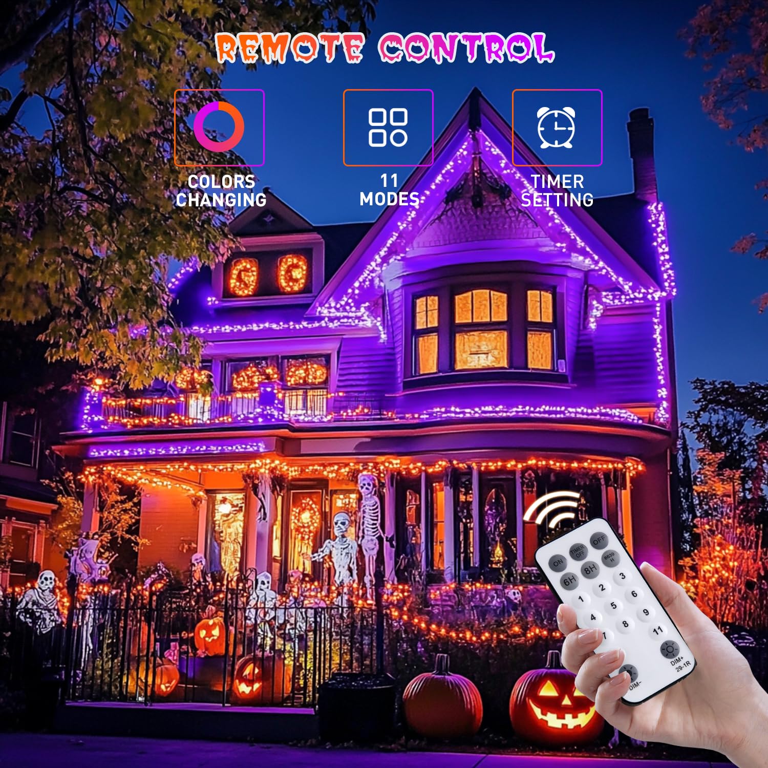 JMEXSUSS Christmas String Lights, 500 LED Color Changing, 173ft, Waterproof, Orange & Purple, 11 Modes, Model EXS-S-0500-R