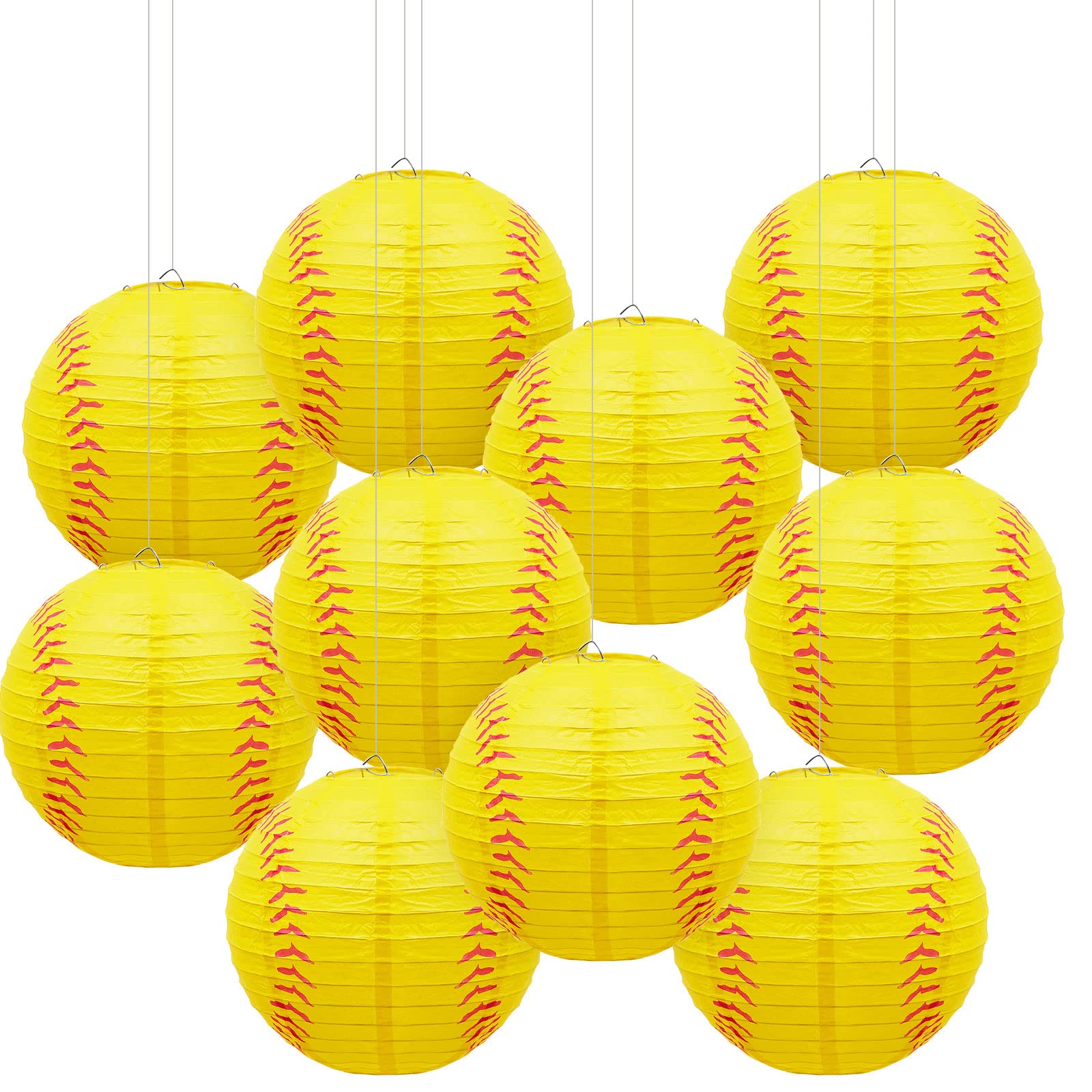 Riakrum Softball Lanterns - 8&quot; Yellow & Red Hanging Decorations For Sports Parties (10 Pack)