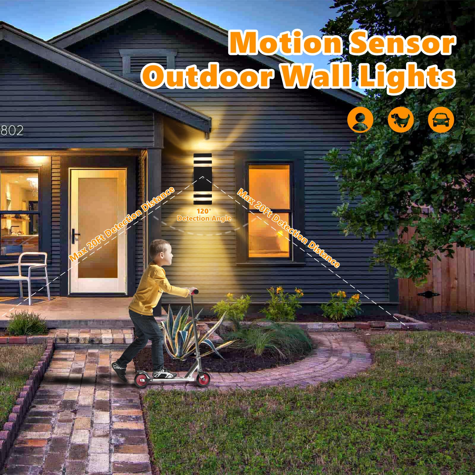 DASTOR Motion Sensor Outdoor Wall Lights - 2-Layer Black Aluminum Fixtures, Dusk to Dawn, Model DST-250201, 2 Pack for Garage & Porch