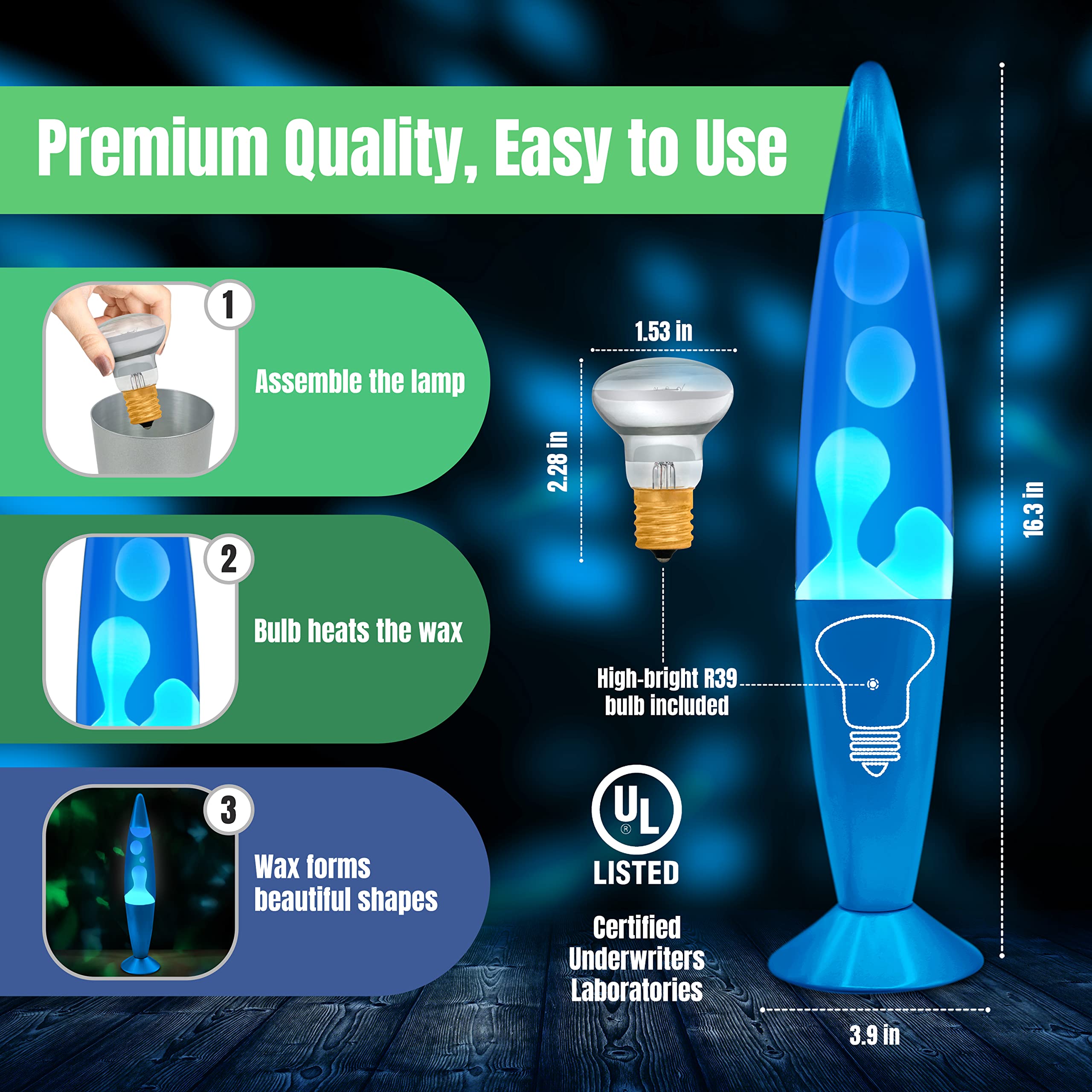 Jambo Liquid Motion Lamp - 16" Glass Lava Lamp with Blue Base, Blue Liquid, White Wax - Fun for Adults, Teens & Kids