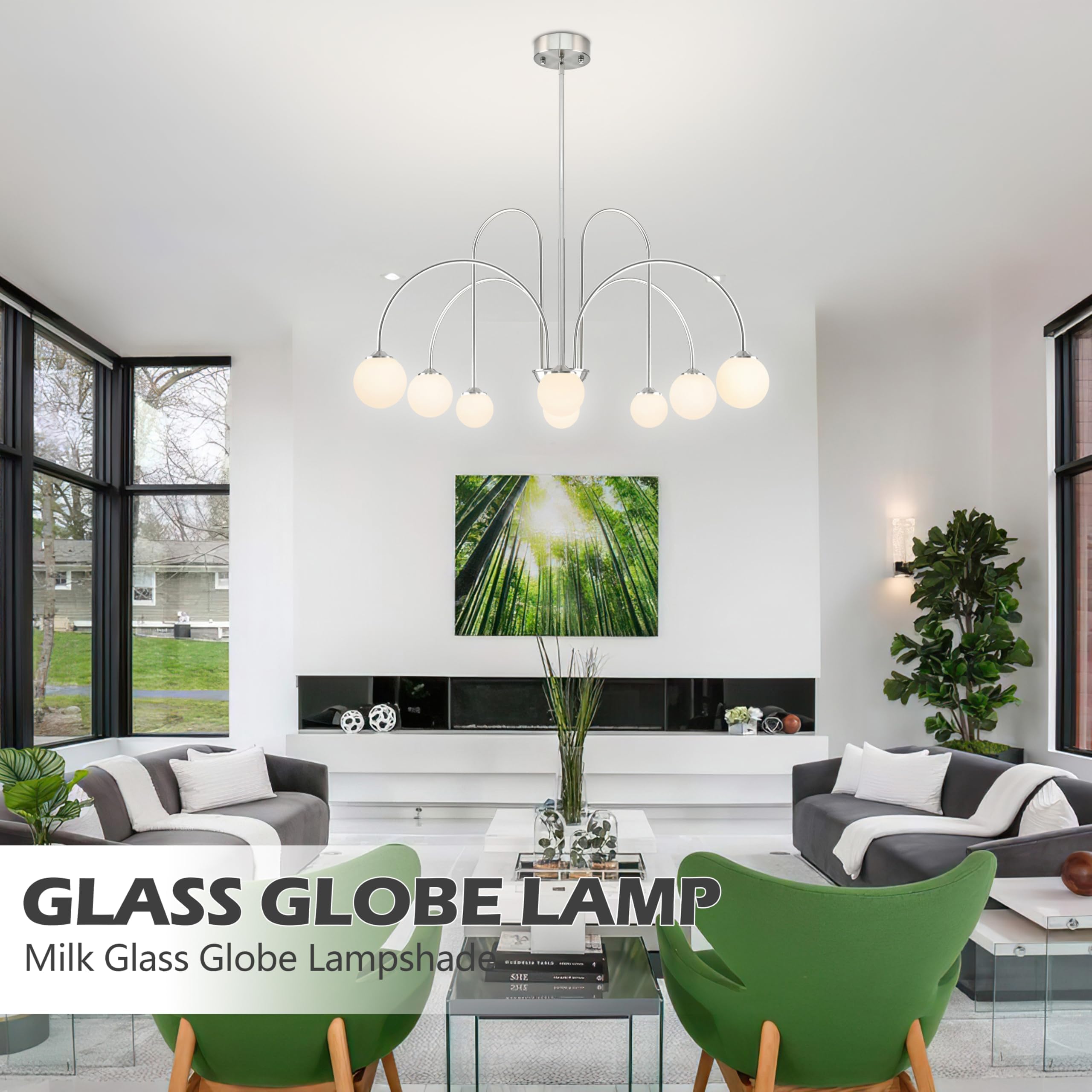 Bagood Nickel Sputnik Chandelier 8-Light Globe Pendant Light 38.5    Modern Sputnik Light Fixture With Milk Glass Globe Shade Di